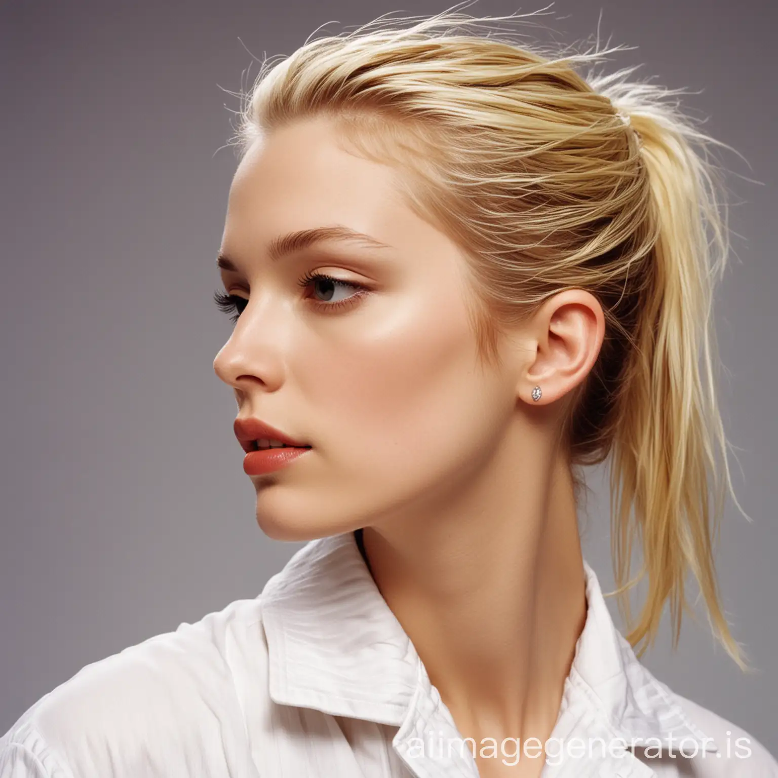 Side profile of white female model in 2000's clothing