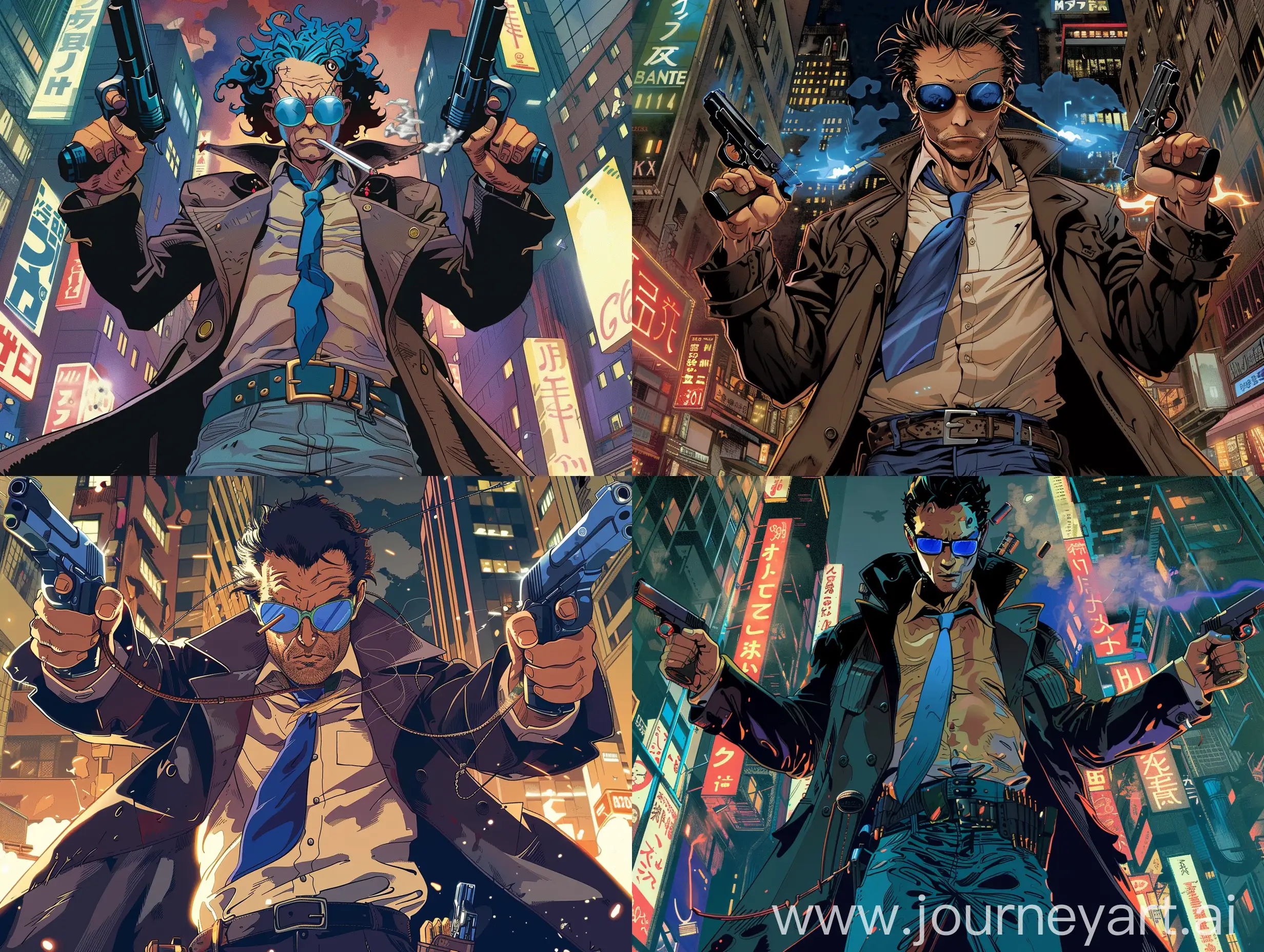 manga masterpiece, This digital artwork, likely by a contemporary cartoonist or caricature artist, features a colorful and exaggerated style, caricature artwork, recognizable by its exaggerated features and cartoonish style. The artist is unknown. The composition centers on a man wearing blue-tinted sunglasses, a dark trench coat over a beige shirt, blue tie, and jeans. He holds a revolver in each hand and has a cigarette hanging from his mouth. The background is late night city, The artwork accentuates the subject's cool, tough demeanor with an oversized head and prominent facial features, maintaining a humorous, exaggerated tone, hyper details, irony, craziness, and an exaggerated comedic atmosphere.
