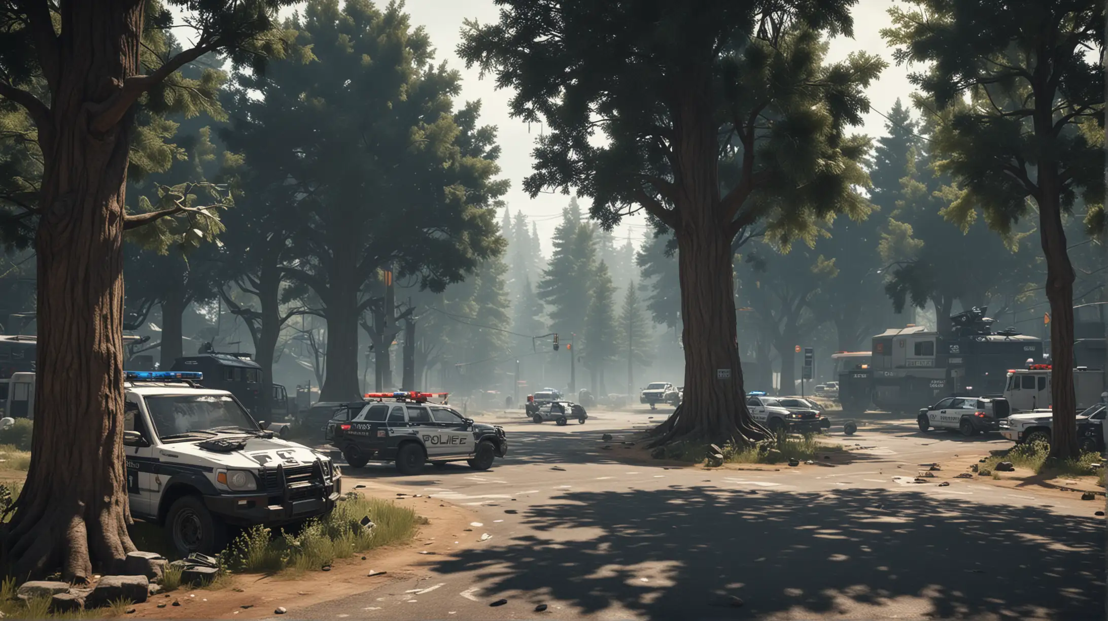 Swat game Scene. Elements of mechanical. Gaming themed. Big tree in background. No characters. Police cars.