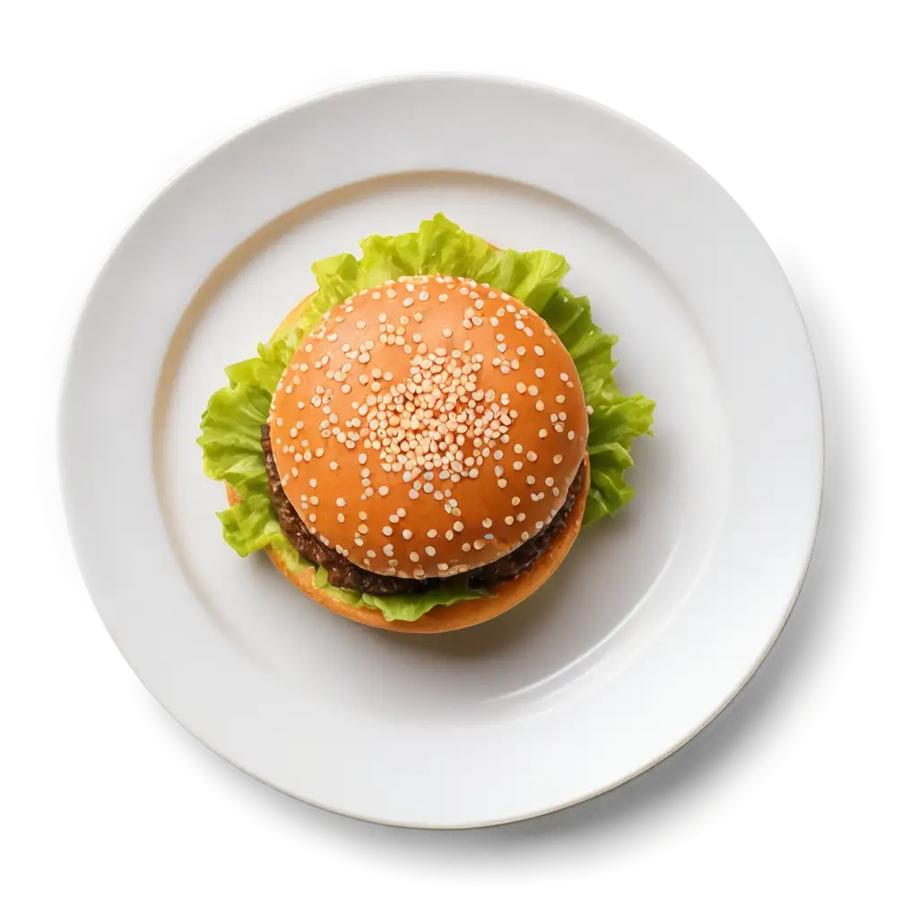 HighQuality-PNG-Image-Burger-on-White-Plate-Top-View-Enhance-Your-Website-with-Crisp-Visuals