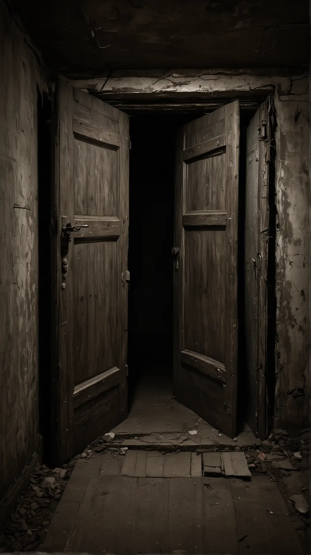 Very dark and horror and scary basement with doors at the end, dark background 