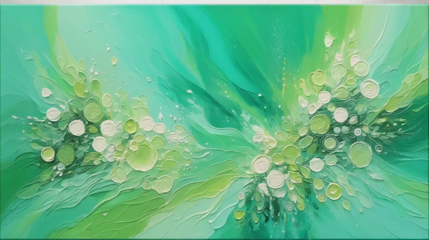 textured oil painting of abstract art of florescent colors mint-green and bright-green and tan and turquoise with luminescent small flowers of mint-green and beige and whites scattered among galaxies and waves
