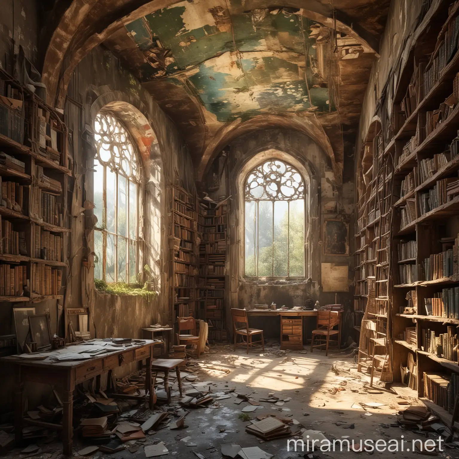 A postapocaliptic hideout created in the tower of a Monastery. Before the apocalypse there was a library there, but currently people are leaving in the old library. There should be some old  frescoes on the wall.
