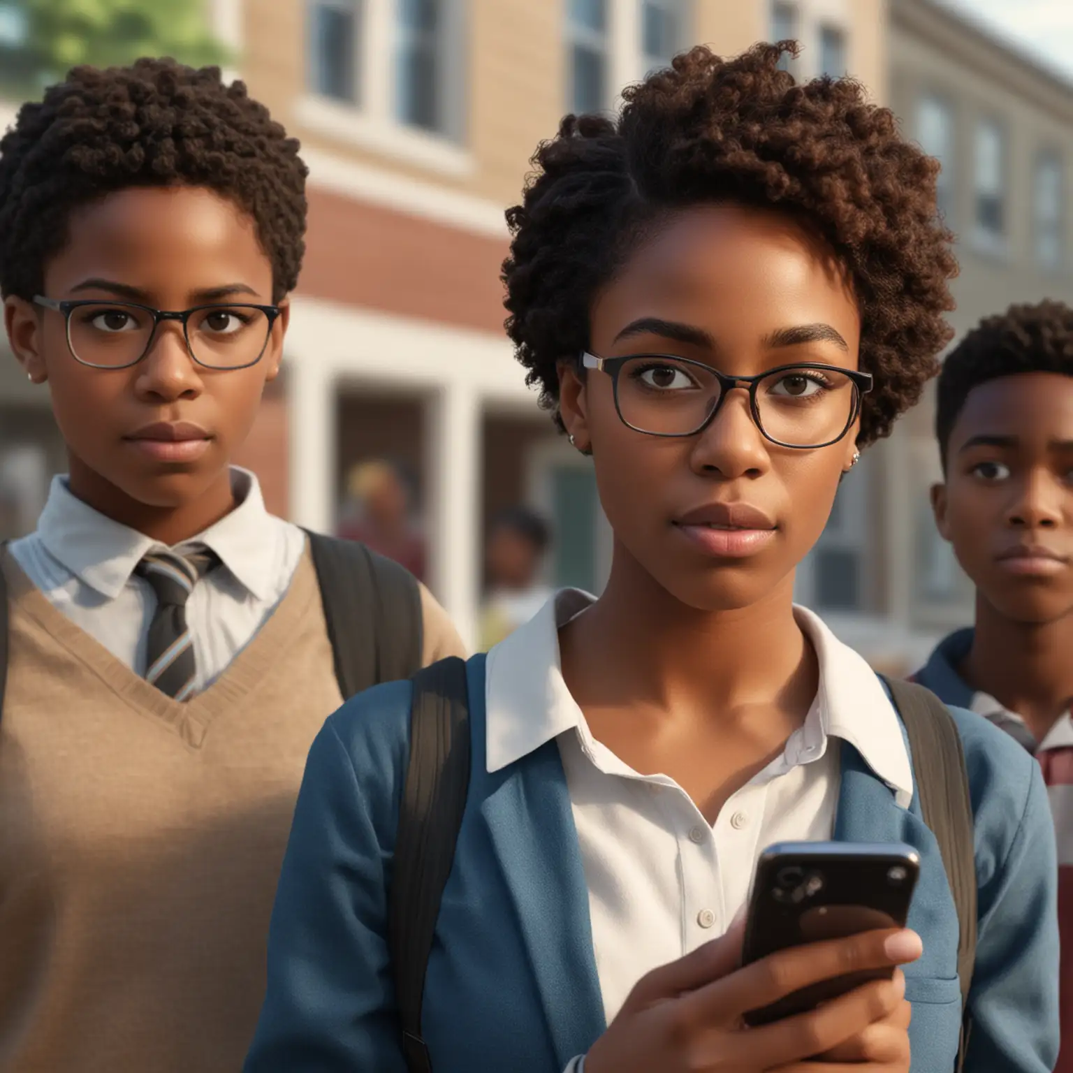 Generate a realistic image of a young black female teacher looking on from a distance as  two black middle school boys pass by looking at their phone.
