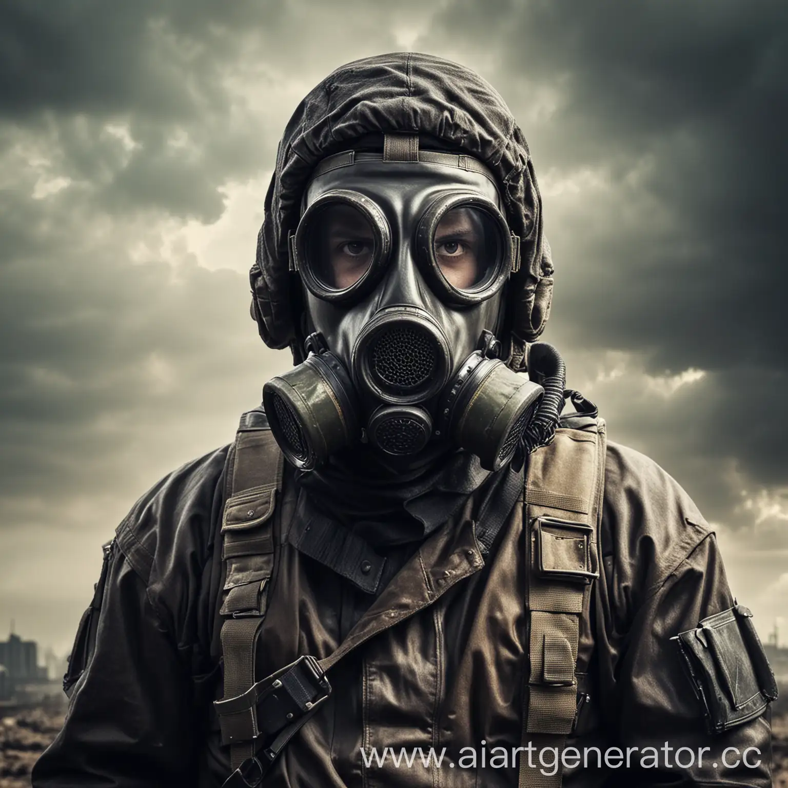 Post nuclear apocalyptic atmosphere, a man wearing bulky protective gear with a gasmask
