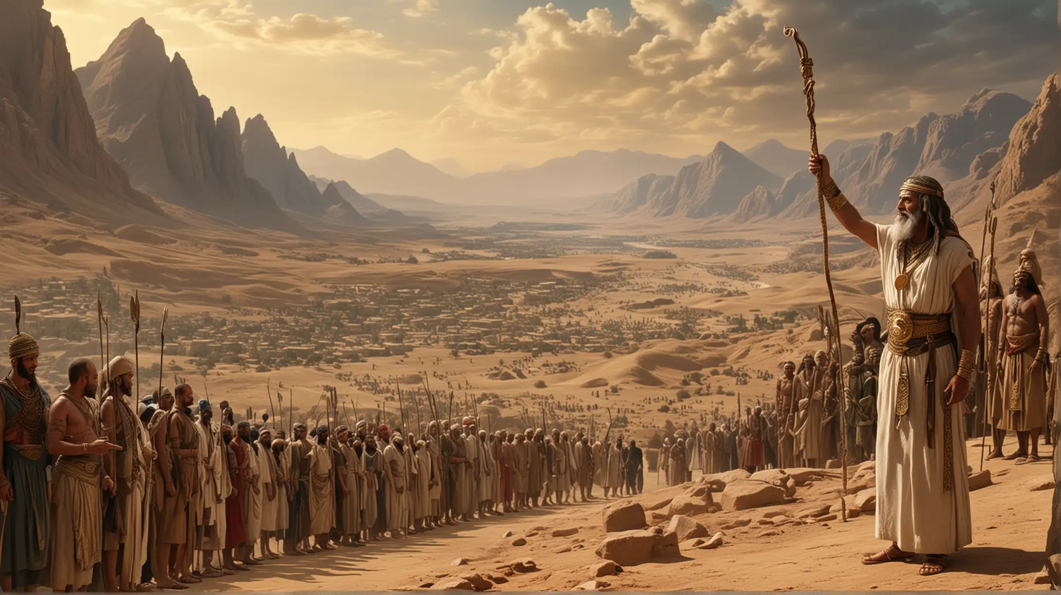 Moses meets Pharaoh, and his rod becomes a serpent, In the background, you see mountains, and the Isreali people gathered. Set during the era of the Biblical Moses.