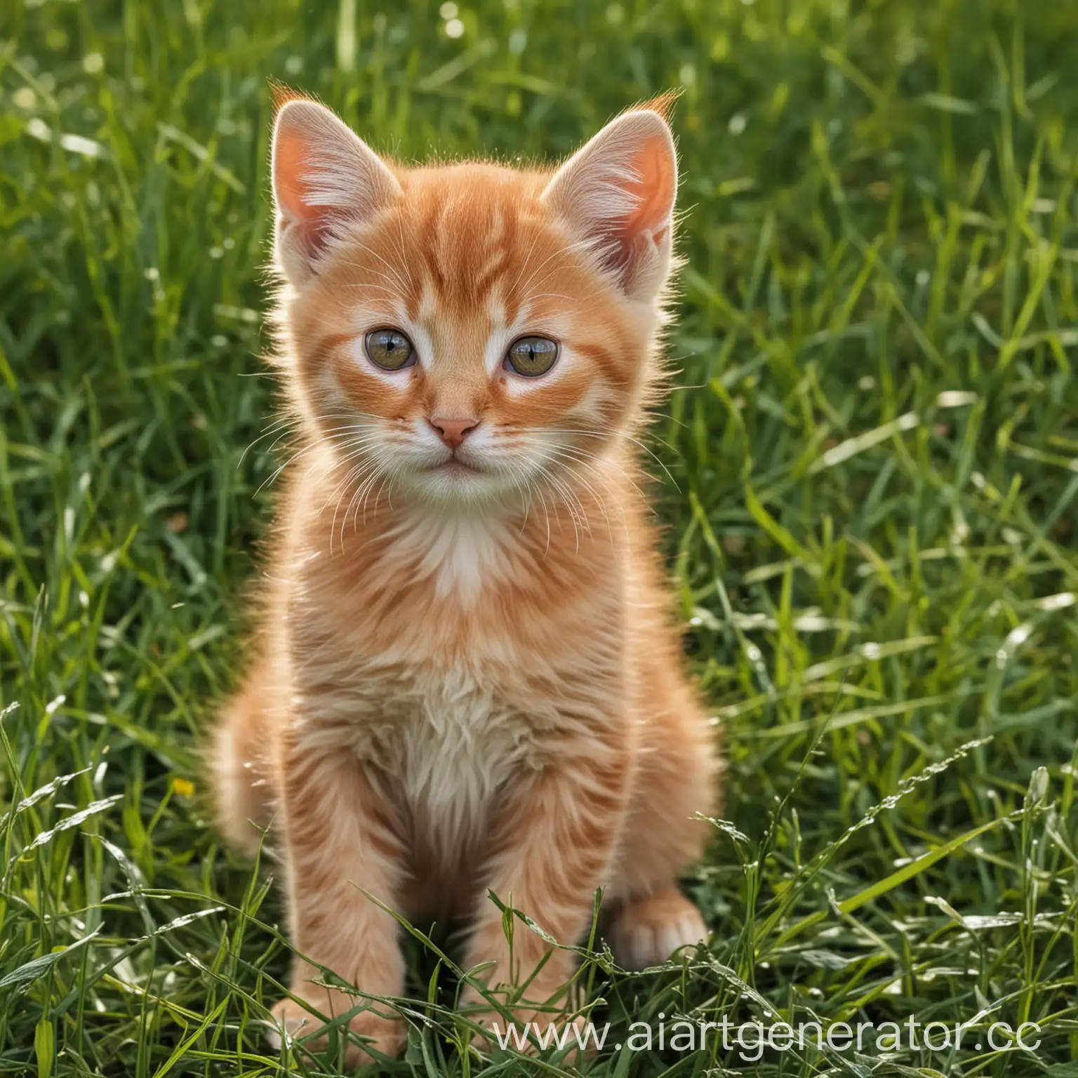 Little red kitty sits in the grass