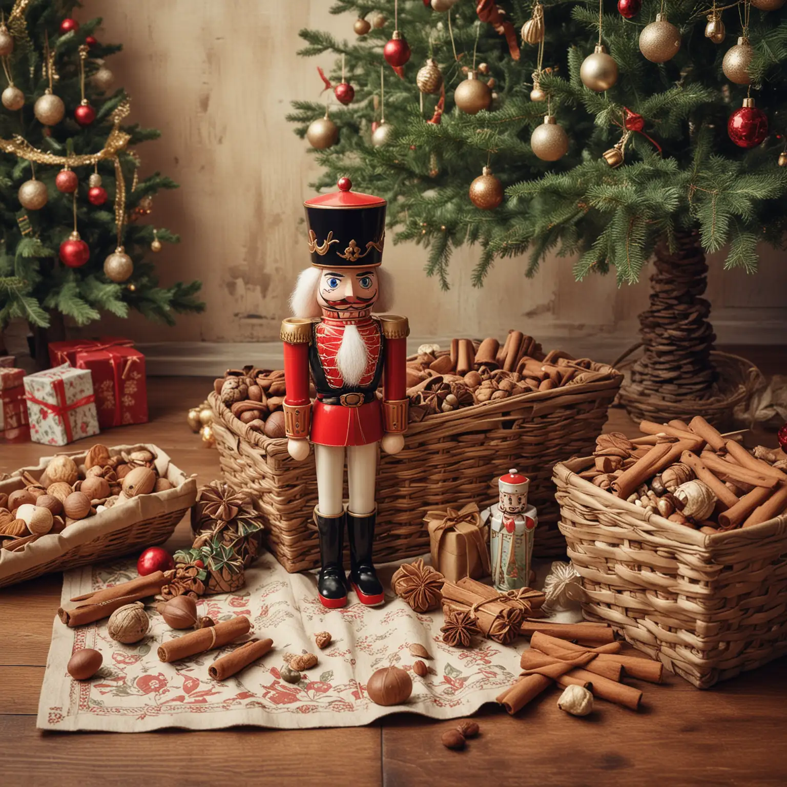 Old looking illustration
Front: The nutcracker in a slightly horizontal angle. Background: A large decorated Christmas tree, Christmas presents. Cinnamon and nuts in a basket. 
