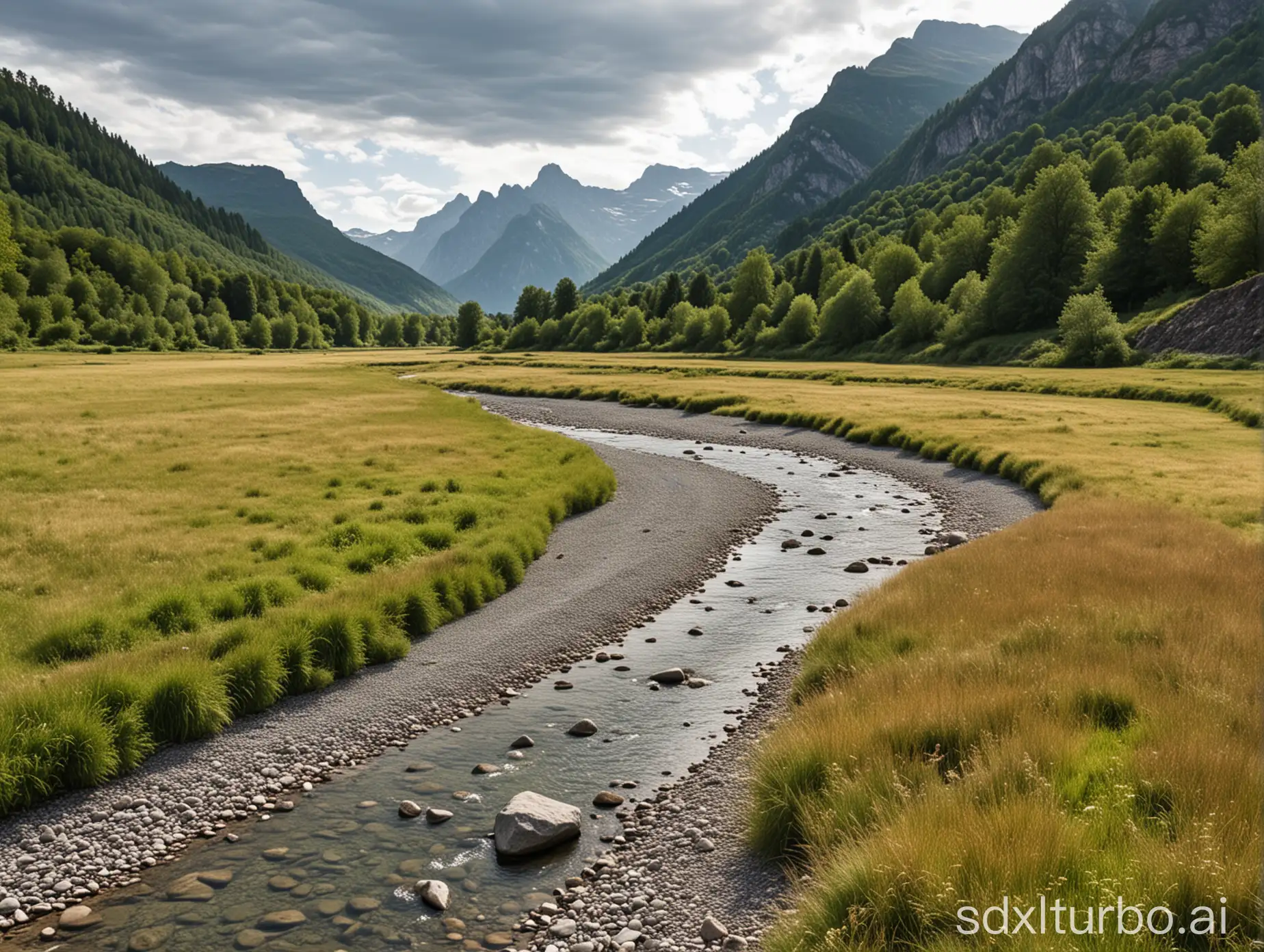 Urzeit Landschaft, hintergrund Berge, rechts Fluß mit Kiesufer, links wiese