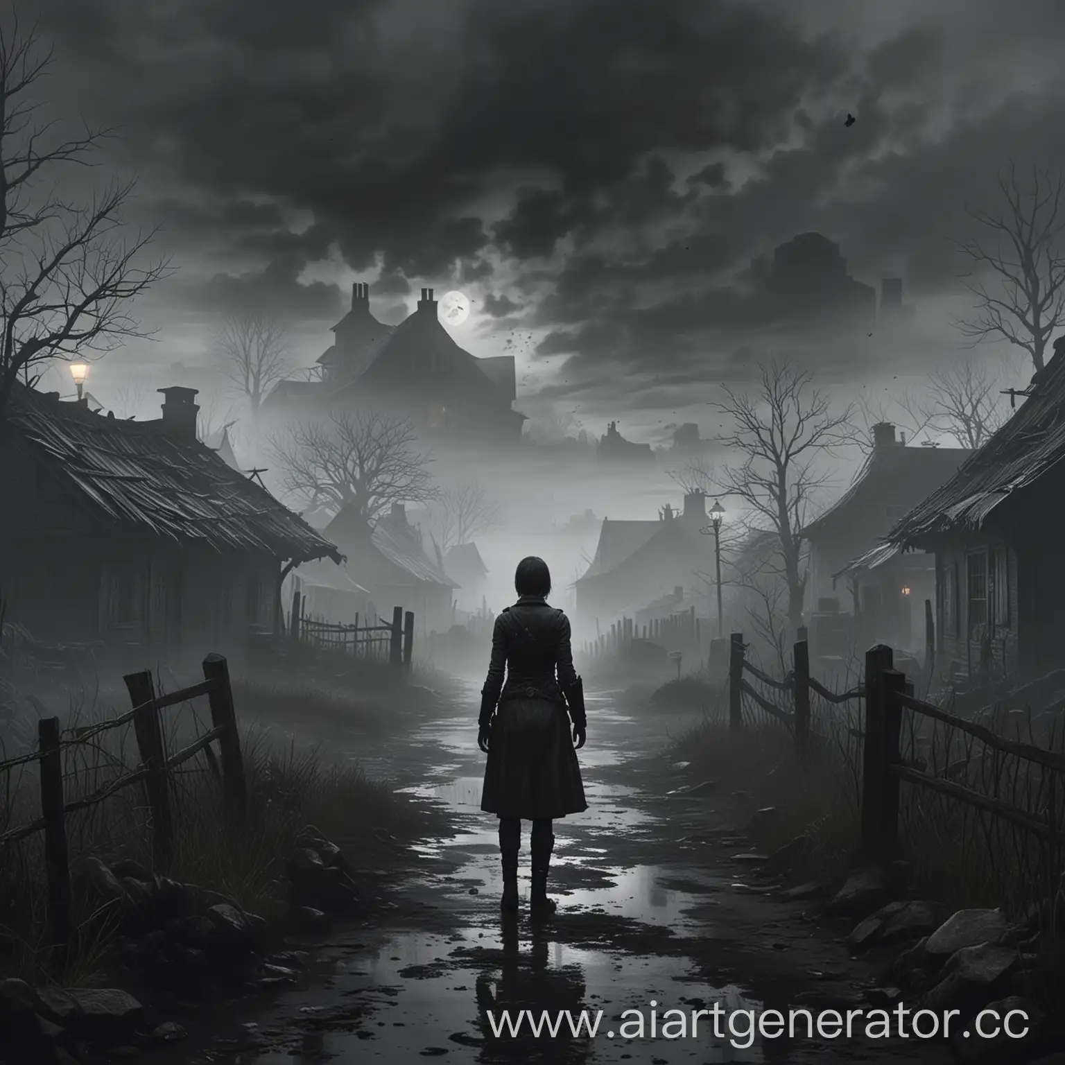 Игра в стиле Resident Evil 4, мрачная деревня, пасмурная погода, туман сквозь который видно силует человека, женщина стоит посреди мрачной местности
