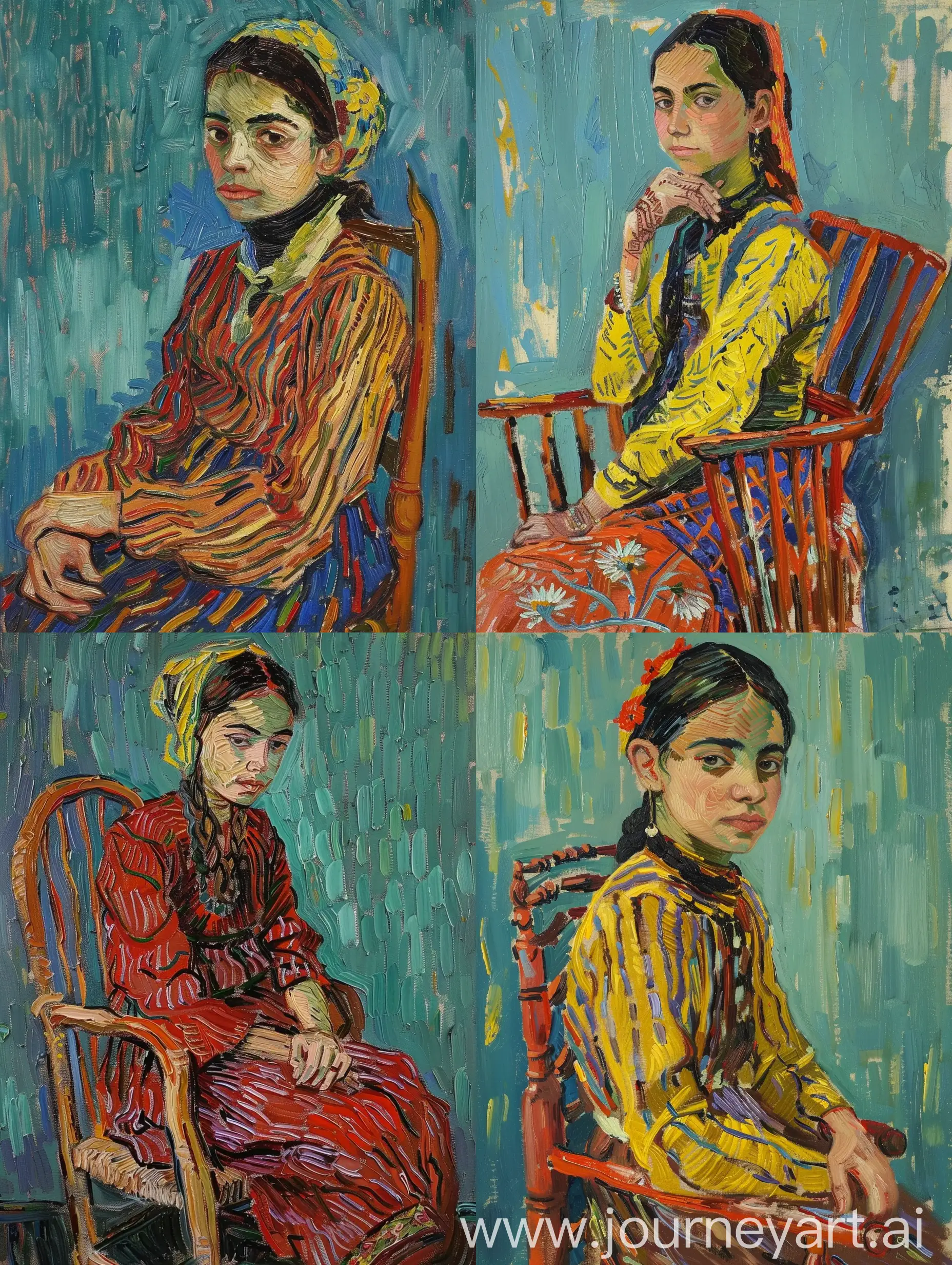 Kashmiri-Girl-Sitting-on-a-Chair-Vibrant-Oil-Painting-Inspired-by-Van-Gogh