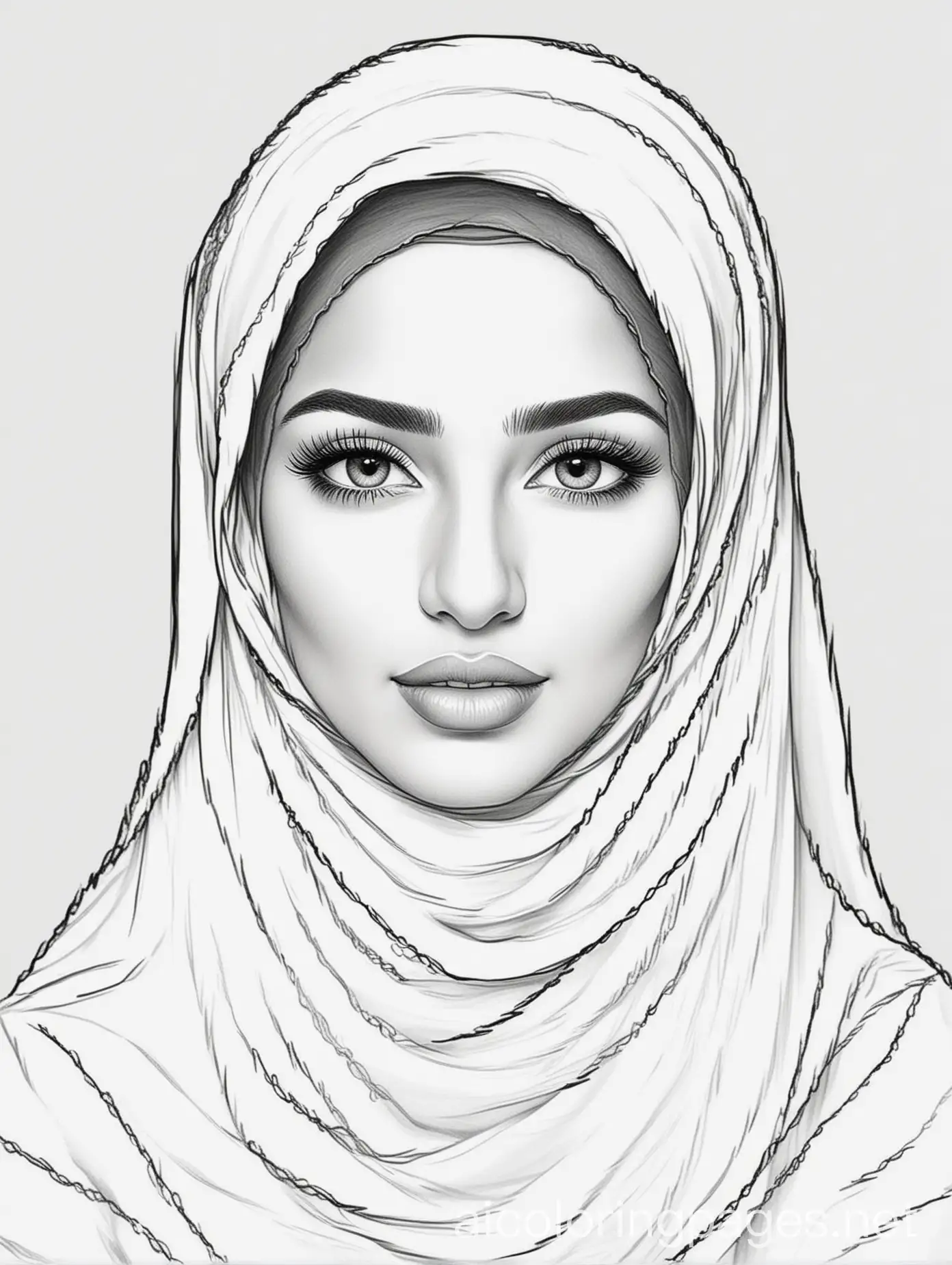 A beautiful Arab Muslim woman wearing a veil, Coloring Page, black and white, line art, white background, Simplicity, Ample White Space. The background of the coloring page is plain white to make it easy for young children to color within the lines. The outlines of all the subjects are easy to distinguish, making it simple for kids to color without too much difficulty