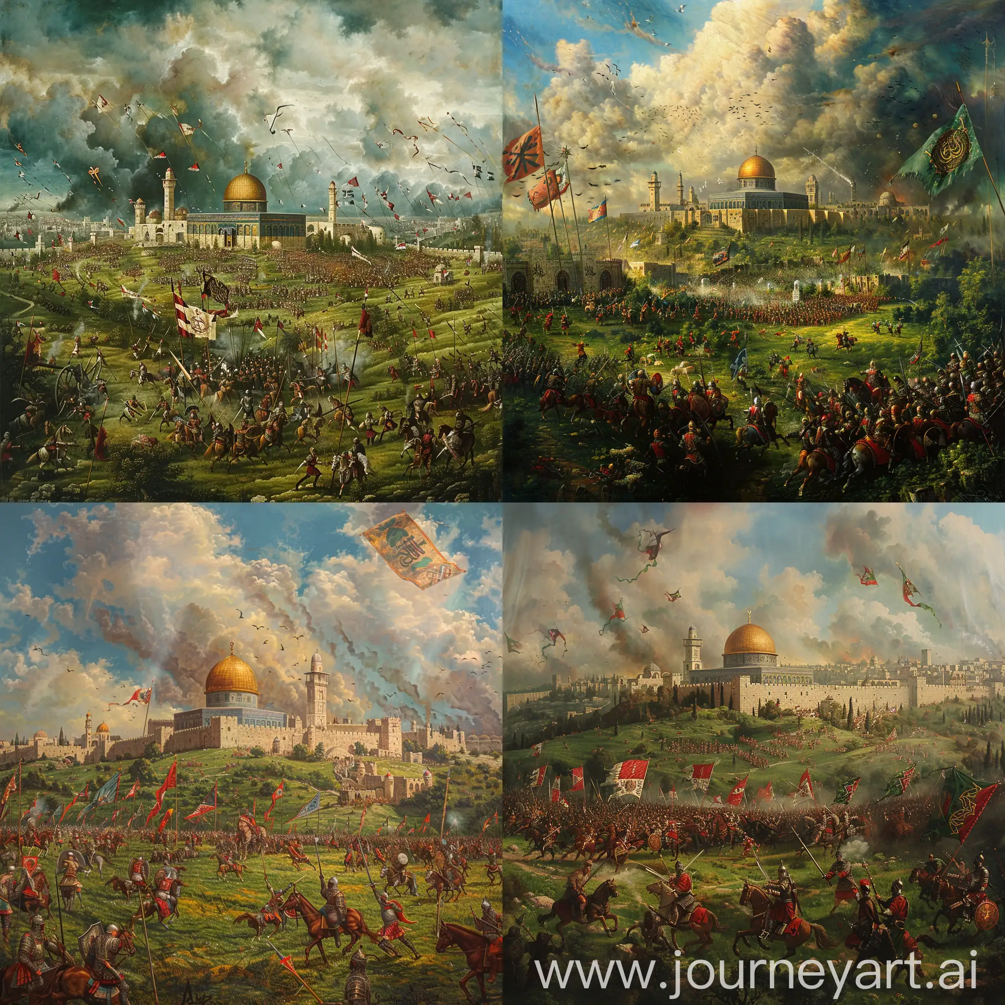 medieval Renaissance painting depicting a medieval battle scene between saracen knights and crusaders, in a lush green field, Al-aqsa mosque of Jerusalem at the center, "masjid al-aqsa", cloudy sky, flags and knight banners, heraldic aesthetic --v 6 --ar 2:3 --cref https://cdn.discordapp.com/attachments/1213041174428782623/1247881003733614628/images_-_2024-06-05T172308.069.jpg?ex=6661a33f&is=666051bf&hm=d620e36438856c91679b0027c2b15792aacc0cf617e8f43acfe529758e6c60f4& --cw 99 --sref https://cdn.discordapp.com/attachments/1209182749441654865/1247644078070566992/Raffaello_-_Spozalizio_-_Web_Gallery_of_Art.jpg?ex=66616f58&is=66601dd8&hm=476953bed1d1d14ea4d4401426997a6b5832802a906a7439c121236ef68b581e& --sw 999 --q 1