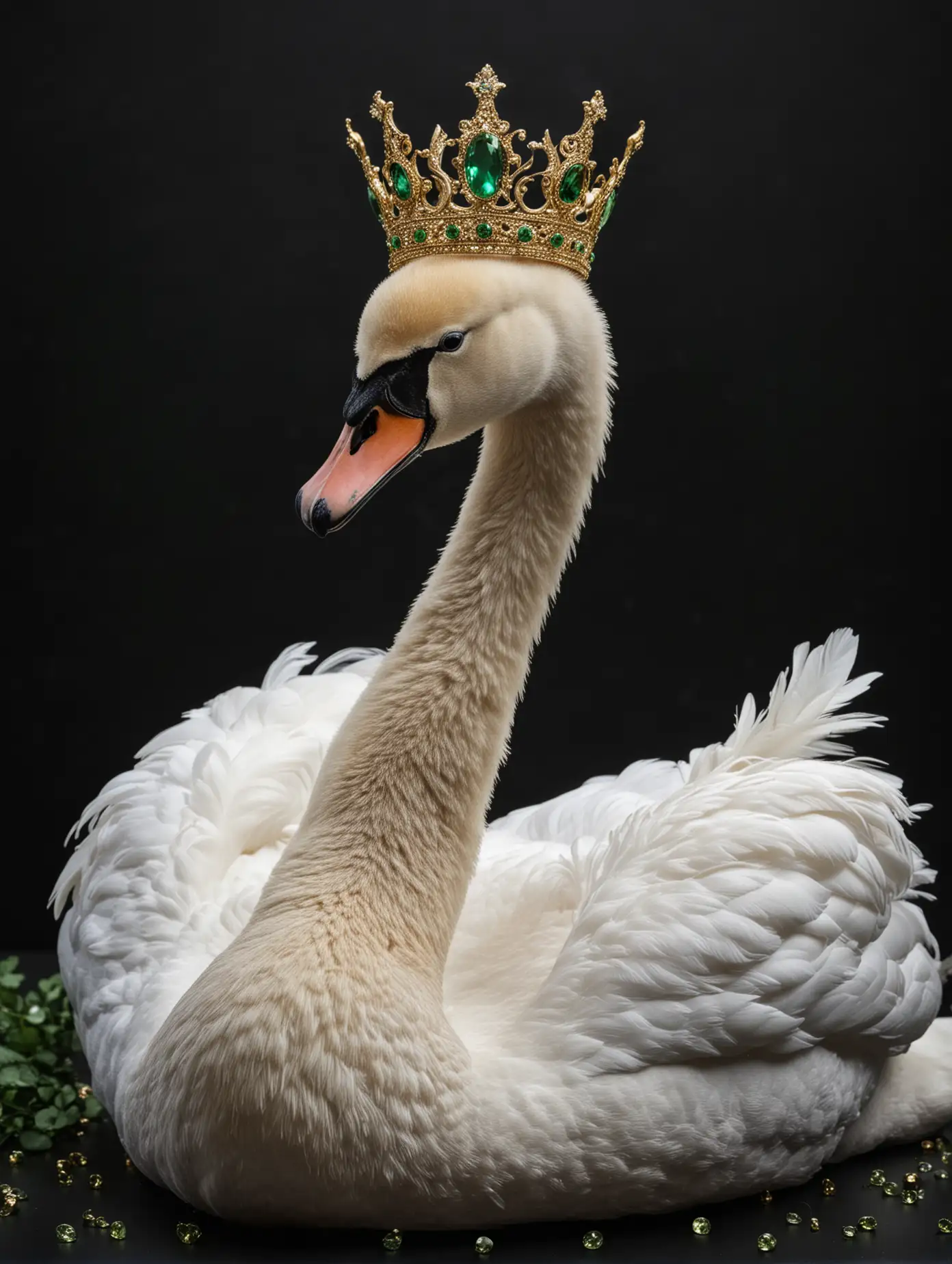 White swan with gold crown and green jewels, black backround