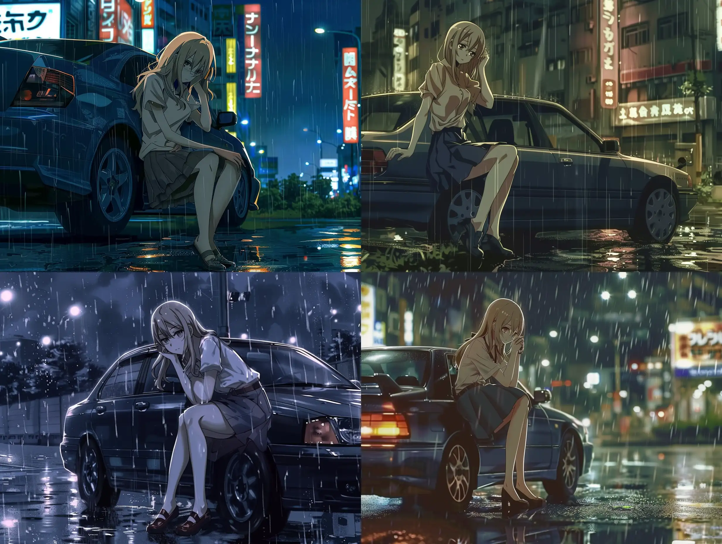 anime, cyberpunk, car, leans on the car, atmosphere, rain, outside the city