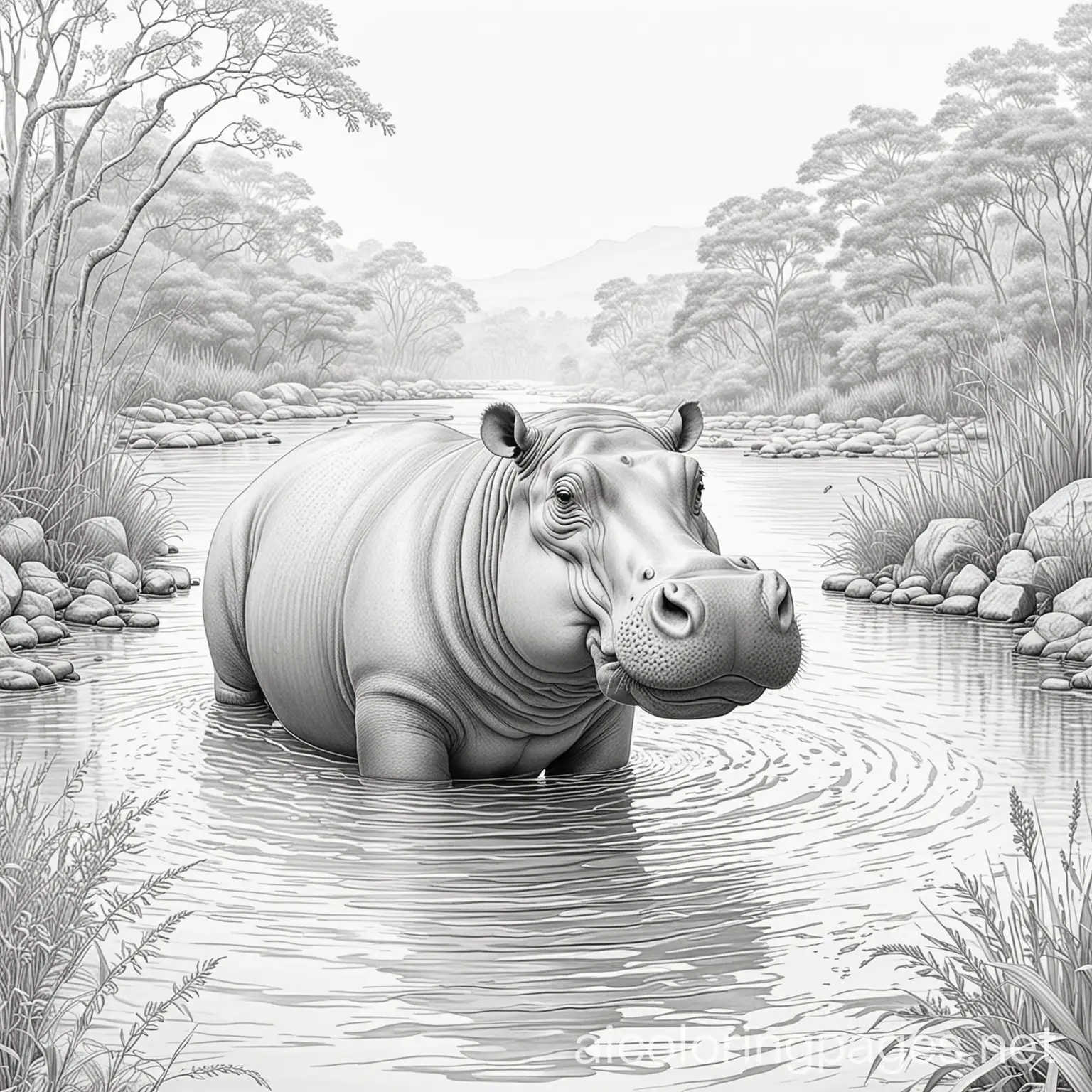hippo swimming in river in savana for coloring page, Coloring Page, black and white, line art, white background, Simplicity, Ample White Space. The background of the coloring page is plain white to make it easy for young children to color within the lines. The outlines of all the subjects are easy to distinguish, making it simple for kids to color without too much difficulty