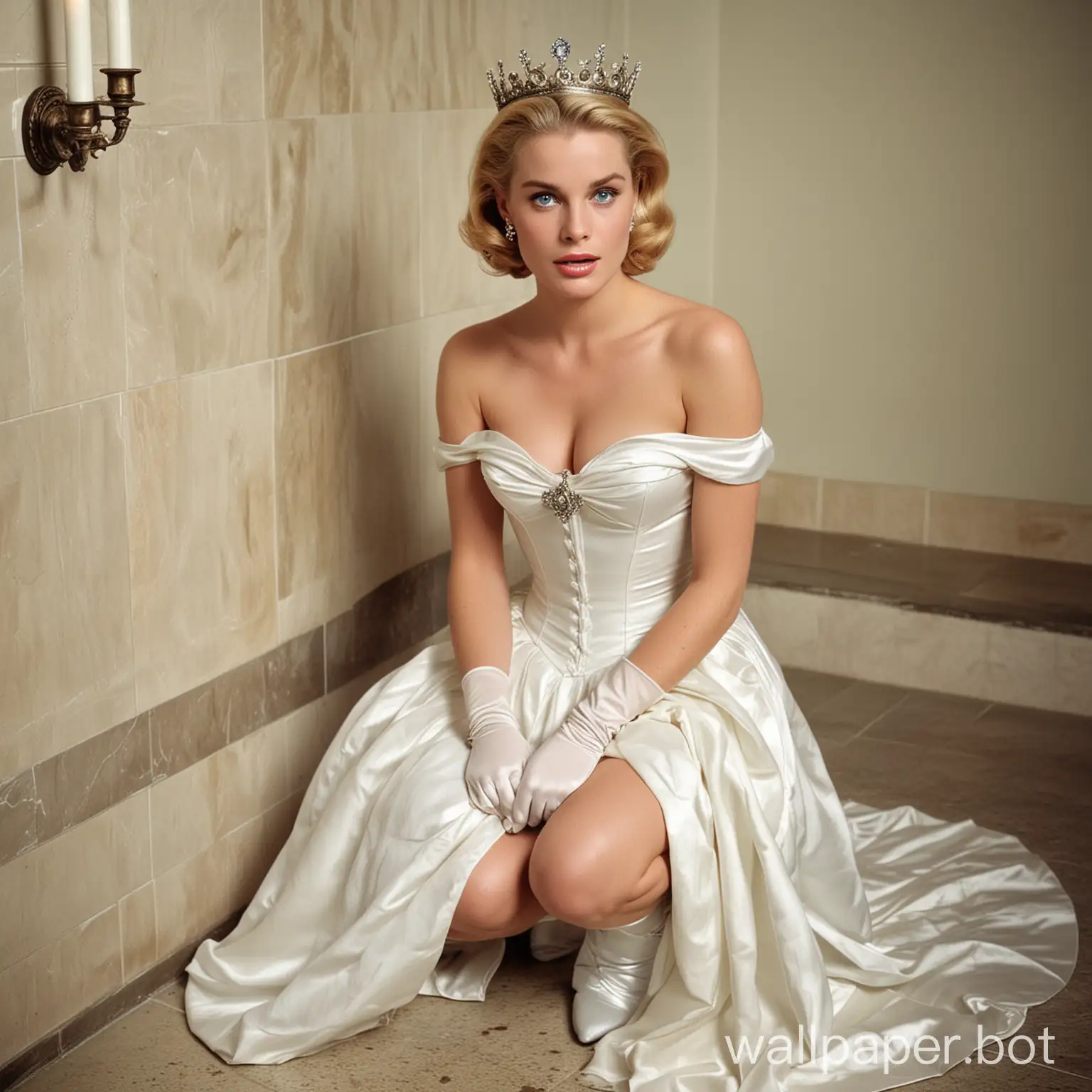 In men's public toilet white beautiful blue-eyed blonde slim young actress Grace Kelly in crown on her knees in white silk off-shoulder sleeveless dress, white silk push-up corset, white silk opera length gloves. white Queen Grace Kelly in crown beg on her knees in front of standed two black afro male dirty hobos tramps with their pants down. disgust on her face. Queen's mouth open extra wide. view from above