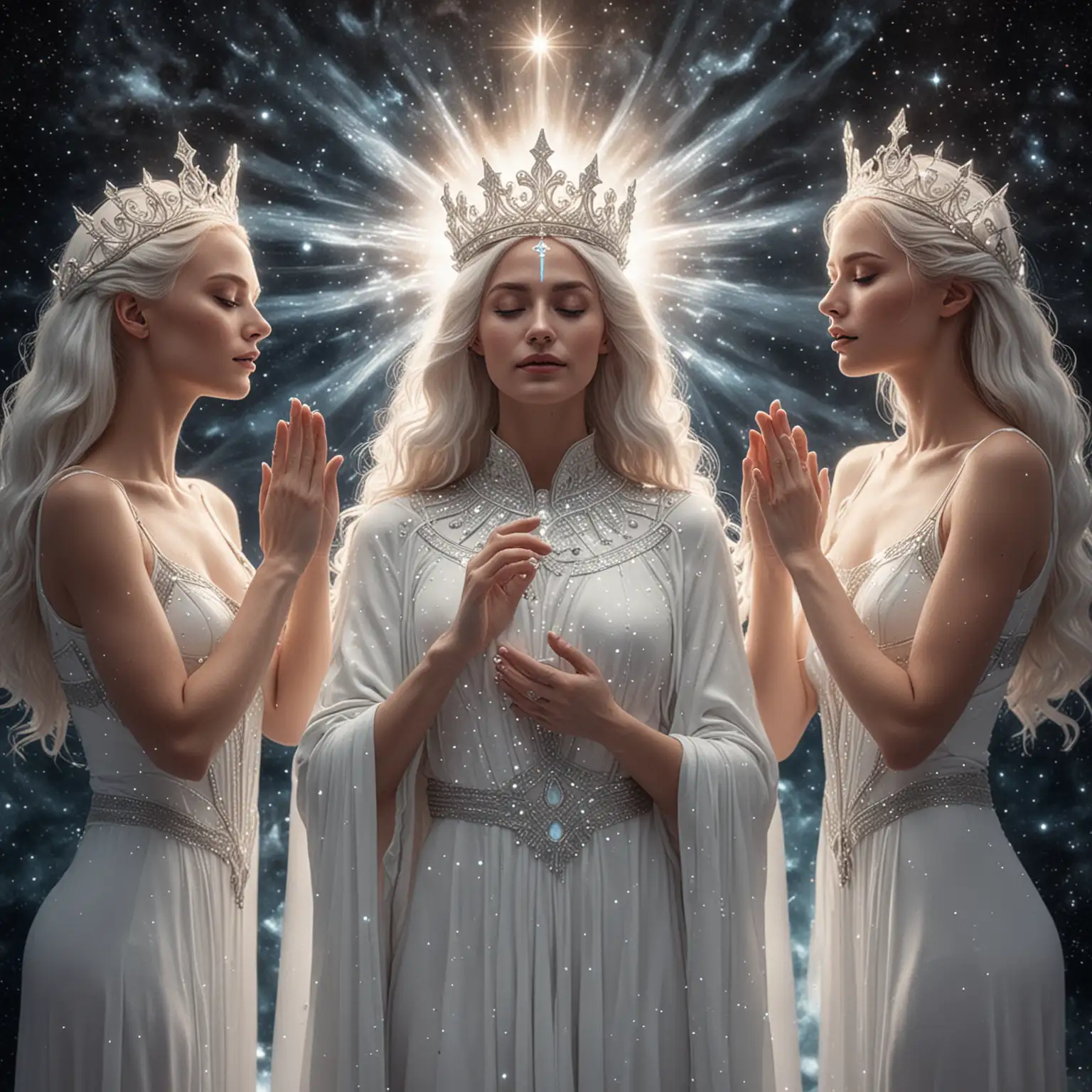 Three white galactic beings placing a crown on a woman dressed in glowing white with a celestial background.