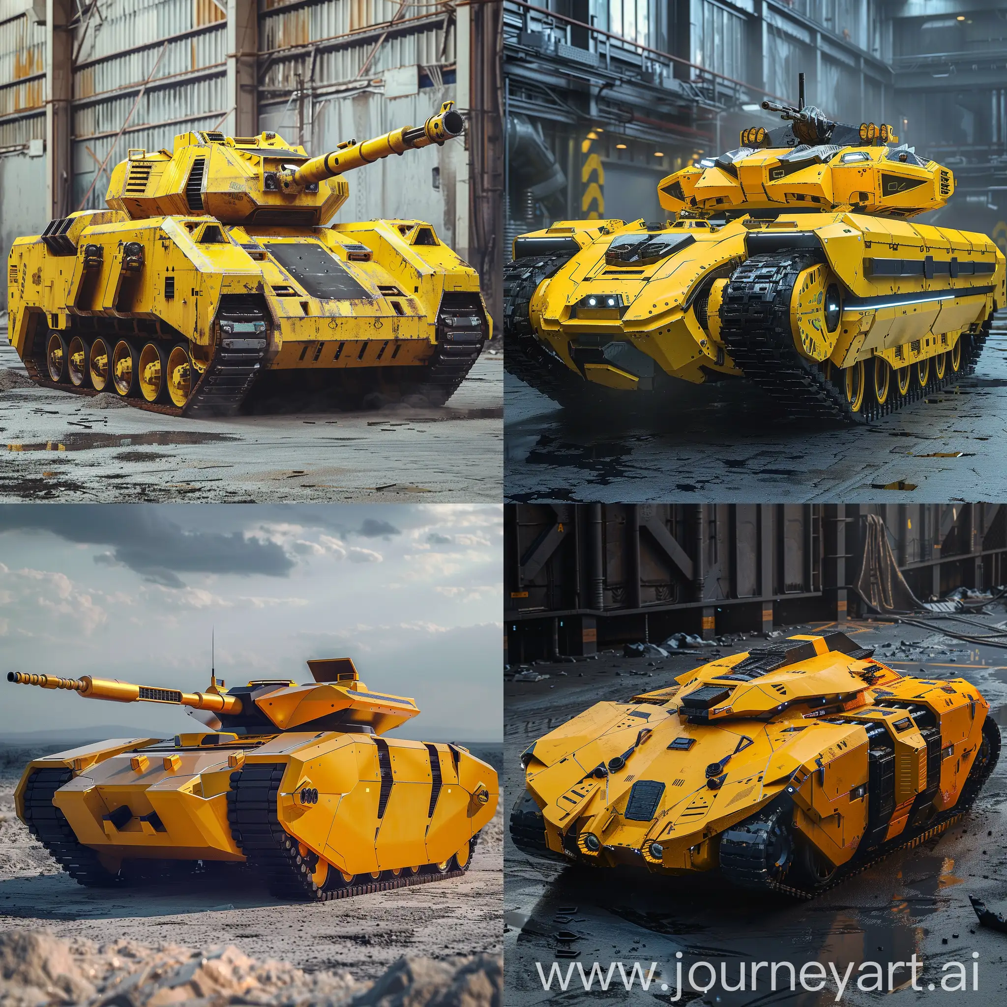 Non-existent yellow armored military tank of the future, realistic full-size photo