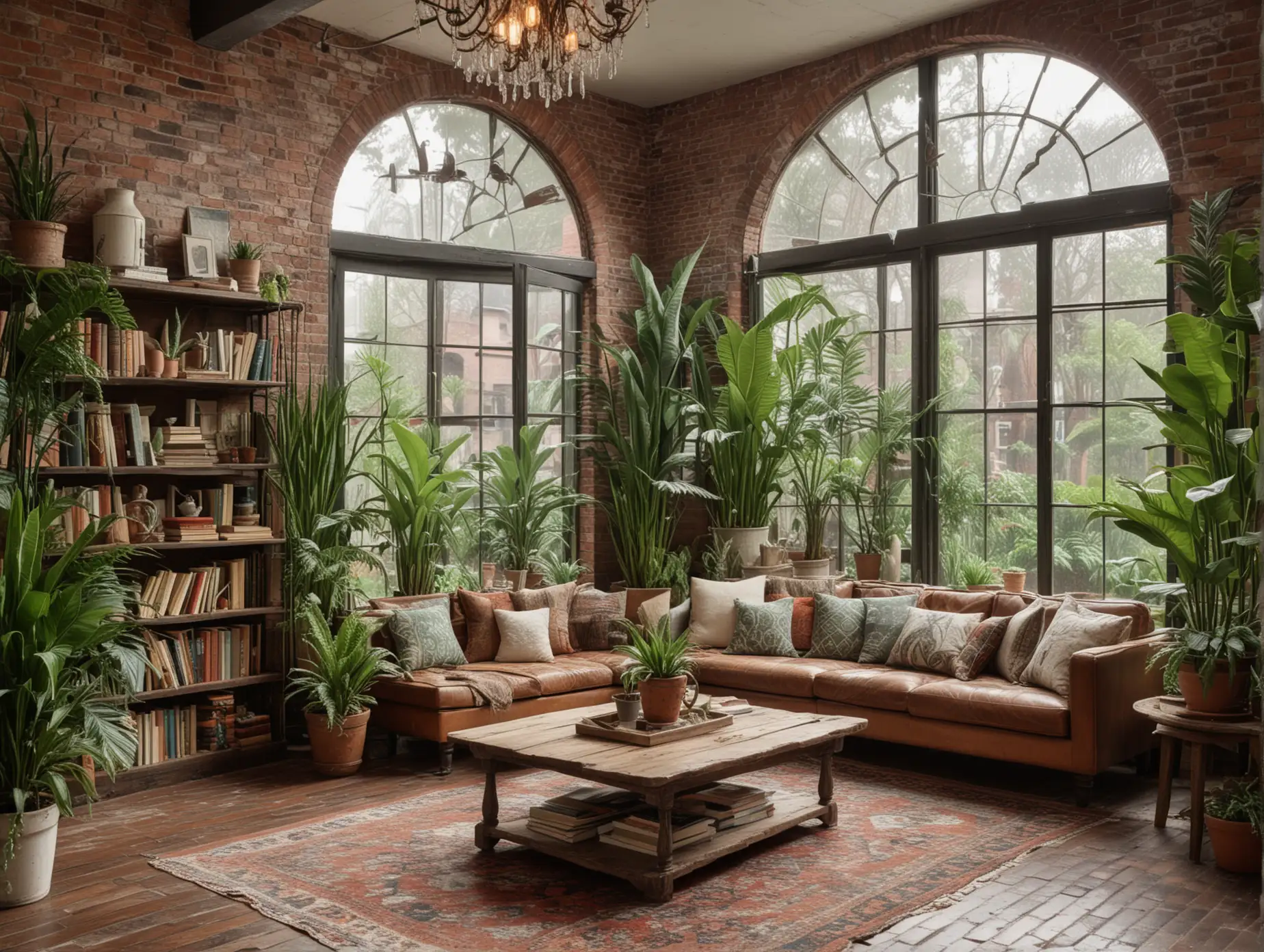 A cozy vintage lounge interior decor image,large glass windows, a rustic wooden coffee table, a bookshelf filled with old books, and indoor plants like snake plants and ferns in ceramic pots. The wide shot highlights exposed brick walls with weathered paint, large windows overlooking a rainy garden, and a patterned rug anchoring the seating area. A vintage chandelier adds an elegant touch.