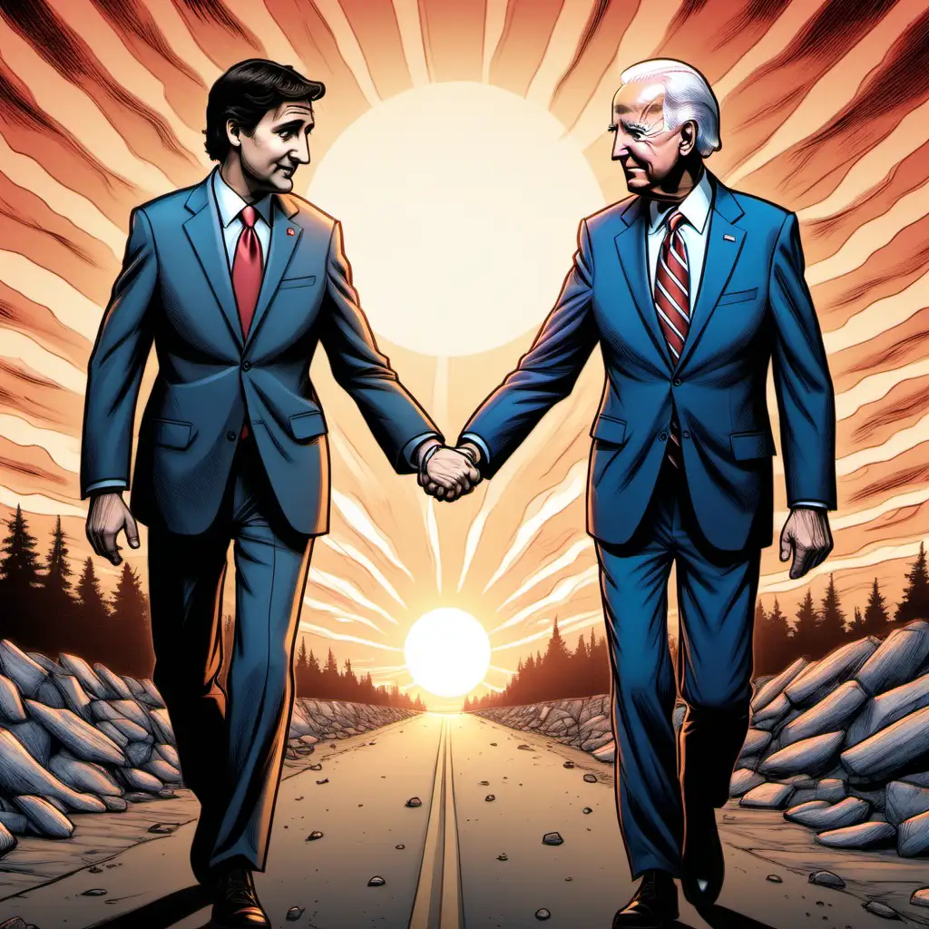 A terrified looking Justin Trudeau and Joe Biden hold hands and walk off into a setting sun. They are staring at one another. In the style of a political cartoon.