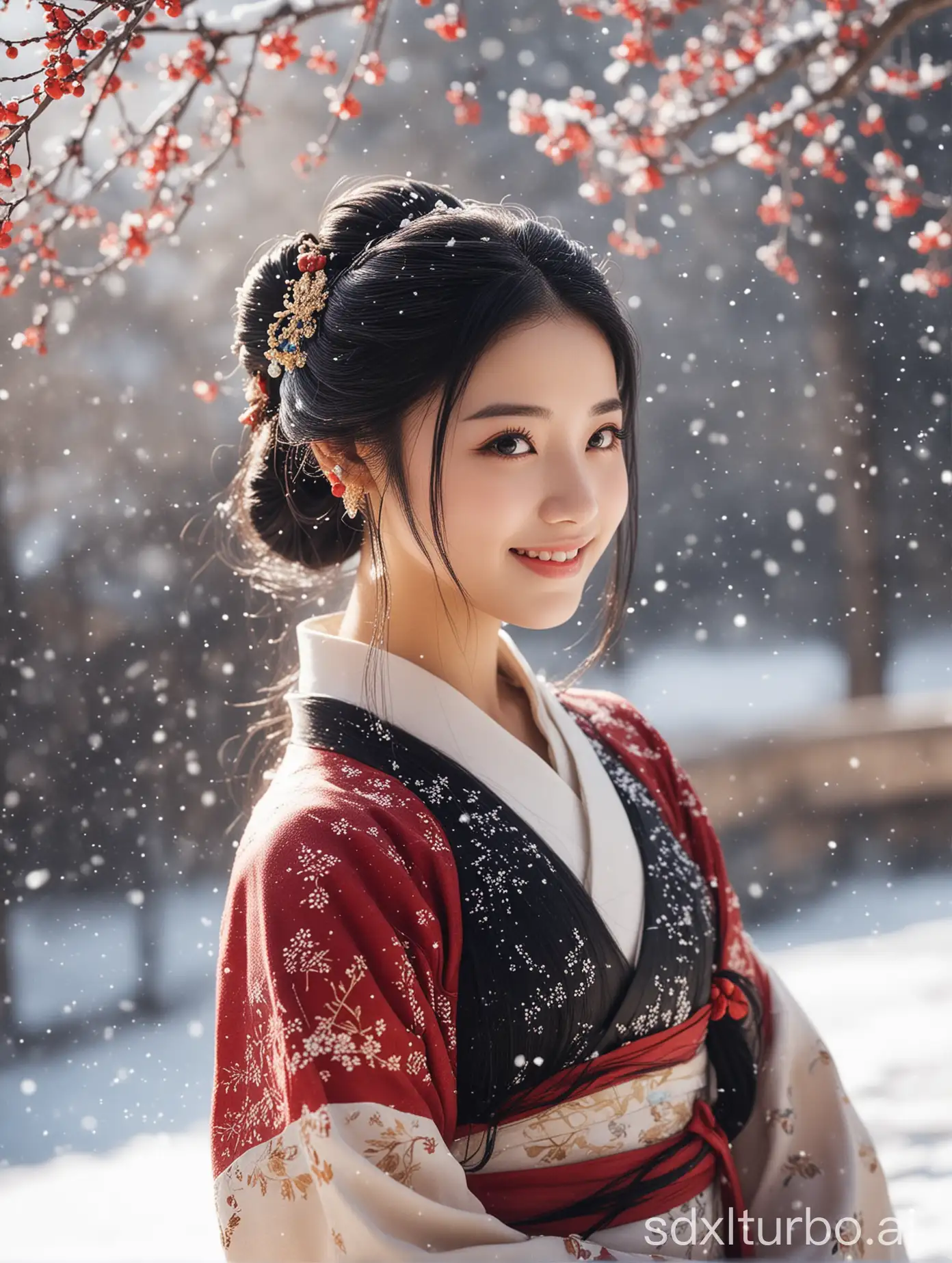 Smiling-Girl-in-Hanfu-Dress-Amidst-Snowfall