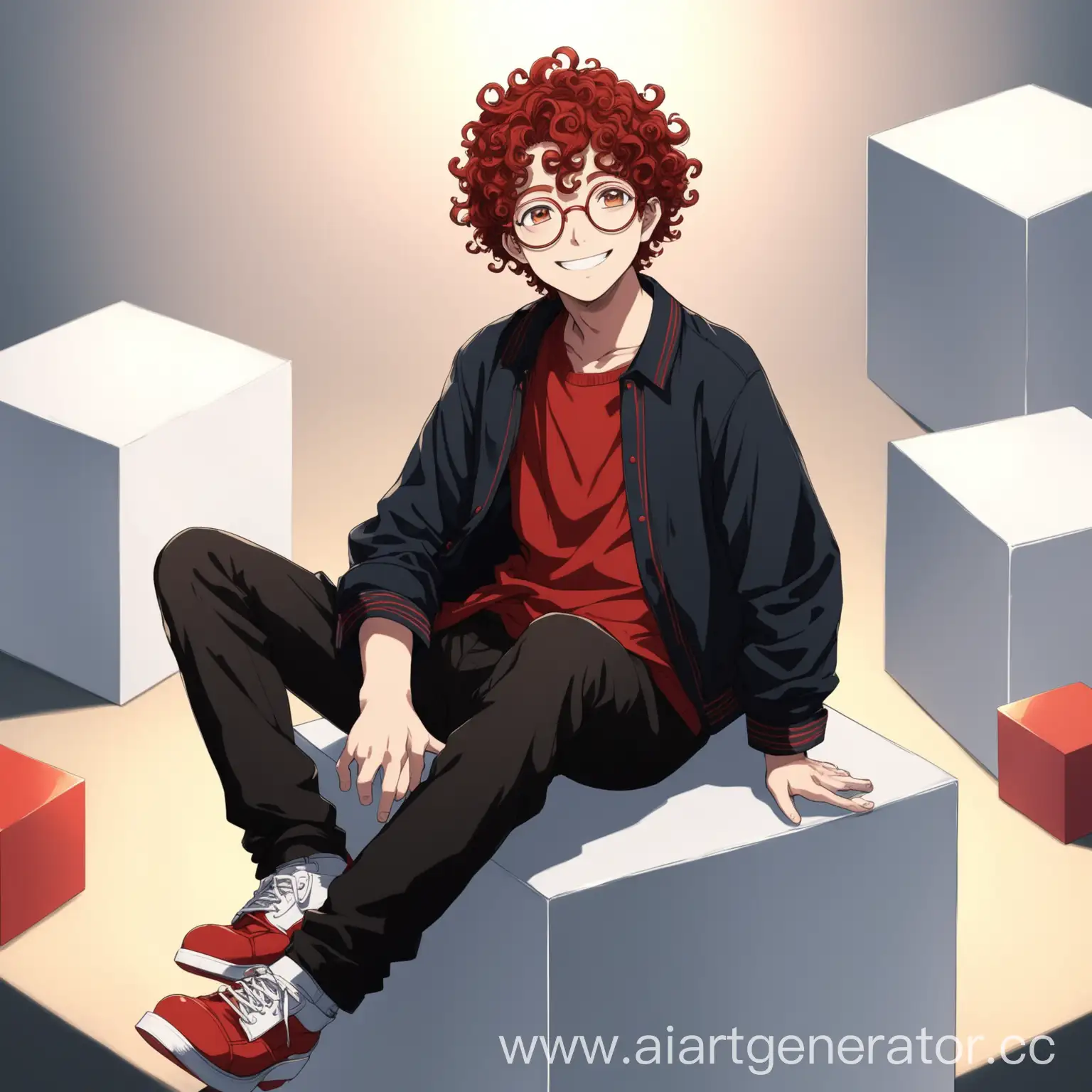 русый кудрявый аниме парень в круглых очках сидит на кубе и улыбается 
