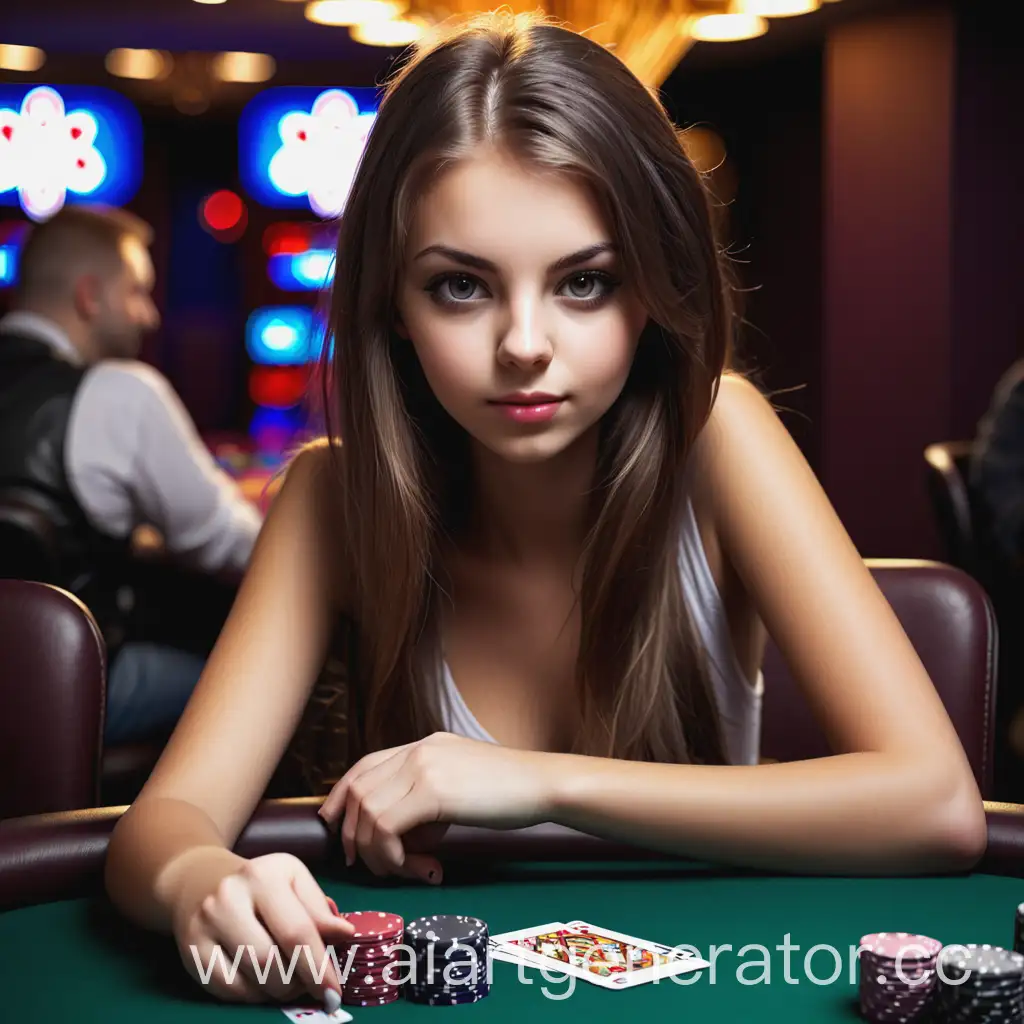 Young-Beautiful-Girl-Playing-Poker-at-the-Table