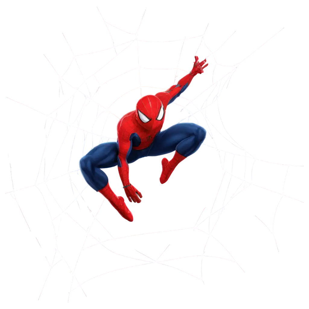 A realistic Spiderman, throwing Spider's web, cloudy sky background.
