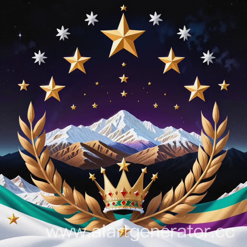 Альтернативный герб Таджикистана. Корона и 7 звёзд  находятся по середине. Под короной изображены заснеженные горы. На заднем фоне изображено тёмно - синние тёмно - фиолетовое черное небо. А сверху короны космическое пространство.