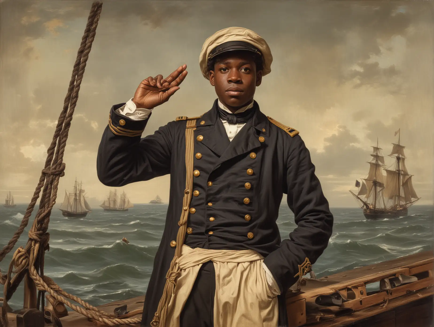 Young Black Man in Replica Ship Captain Attire Recreating Hand Signals