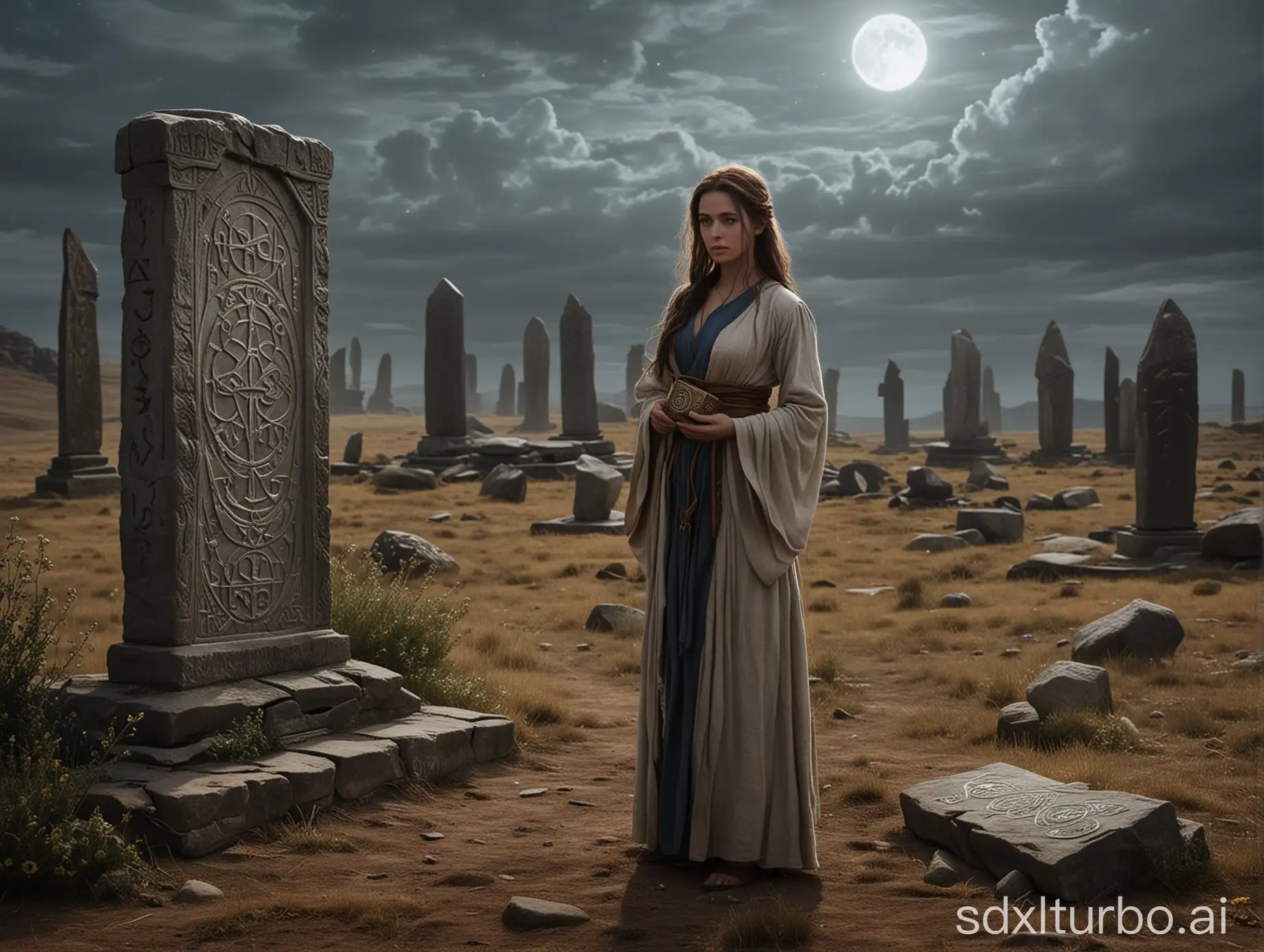 In a desolate and mysterious wasteland, the young sorceress Aria stands before an ancient stone stele inscribed with runes. Her eyes sparkle with curiosity for the unknown and determination for her mission. She has just deciphered a prophecy that guides her to seek the legendary "Guardian of Light," who is said to be the only one capable of reigniting the Well of Aether and restoring the power of magic. Aria clutches a yellowed spellbook in her hand, dressed in a robe adorned with mystical symbols that flutter in the wind, ready to embark on the journey to find the guardian. At her feet, the ruins hint at ancient magical remnants, such as broken pillars and weathered magical circles, which glimmer faintly under the moonlight, as if narrating past glories. The entire scene should convey an atmosphere that is mysterious, ancient, and full of hope, while also capturing Aria's anticipation and resolve for the journey.