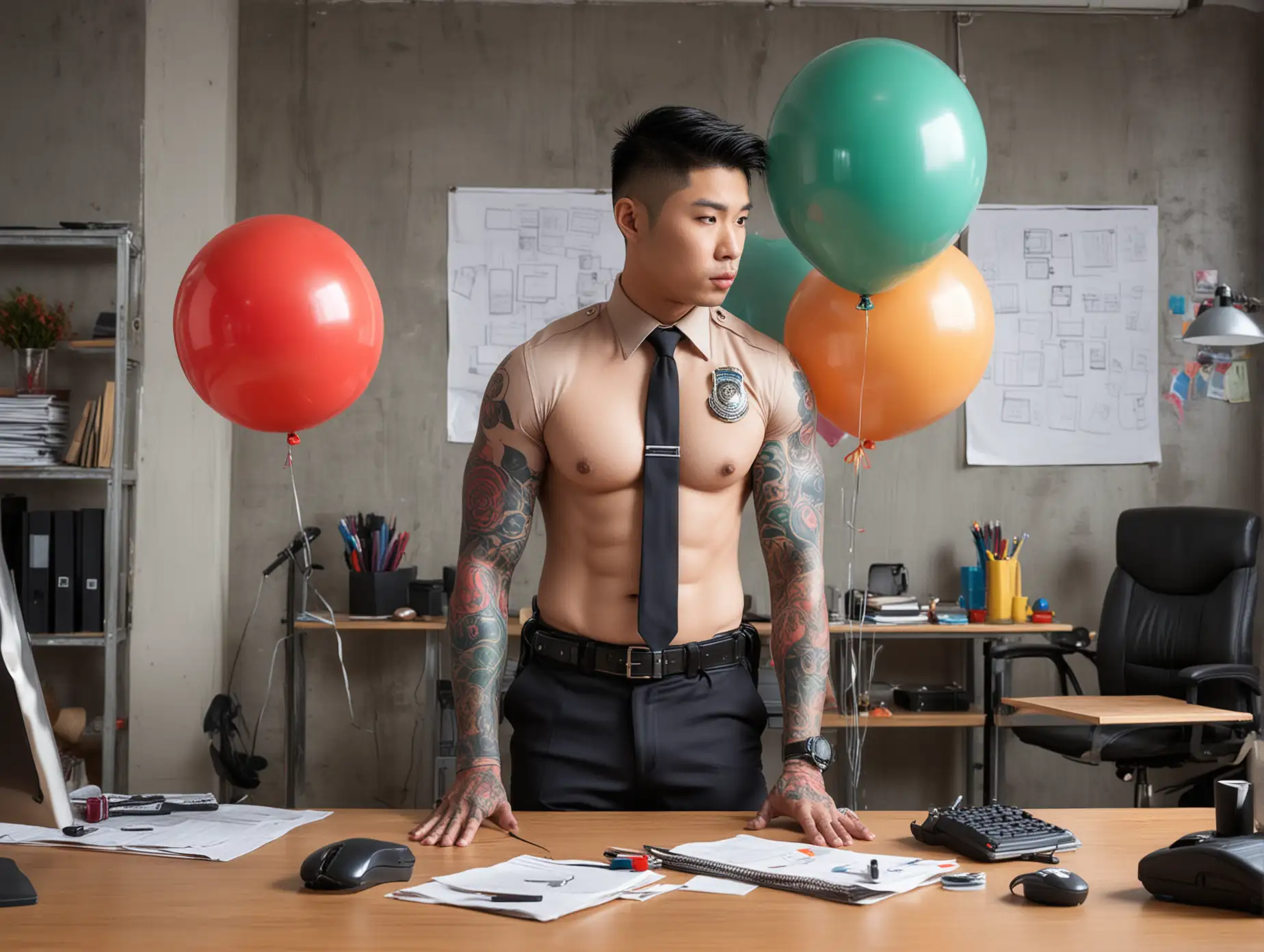Sexy asian young male police officer wearing tight uniform pants. The man in an office. the man is surronded by giant balloons. There is giant balloon on the desk. the man hold giant balloons of different colors. The man has a very big bulge in its tight pants. the man has big arms, big shoulders, and is covered of tattoos.