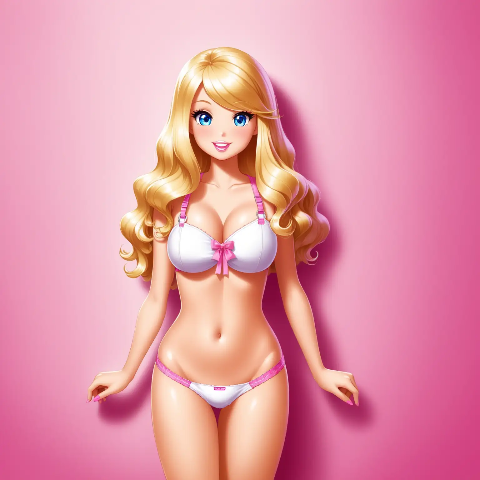 Stacie from Barbie 15 years old, measuring 150 cm and weighing 35 kg mince, yeux bleus, cheveux blonds longs ondulés, seins C cup, appuyé contre le mur
