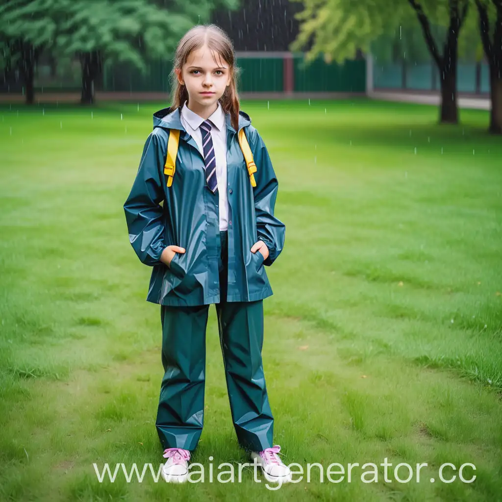 Young-Girl-Standing-Outdoors-in-Trousers-and-Raincoat
