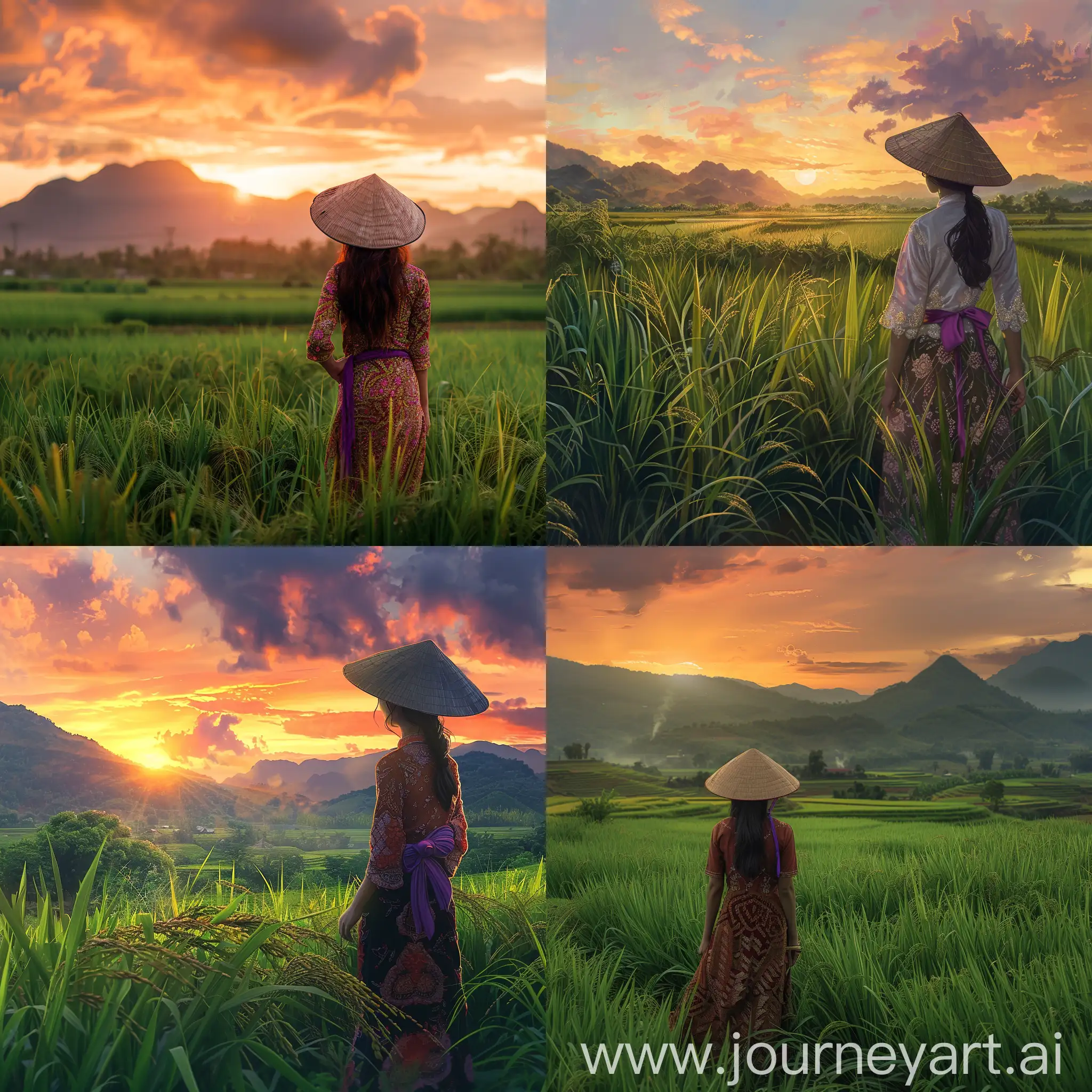 A young Vietnamese woman standing in a lush, green rice field at sunset, wearing a traditional dress with intricate embroidery and a conical hat with purple ribbons.The sky is painted with warm hues of orange and pink as the sun sets behind distant mountains.The scene is serene and beautiful,capturing the essence.