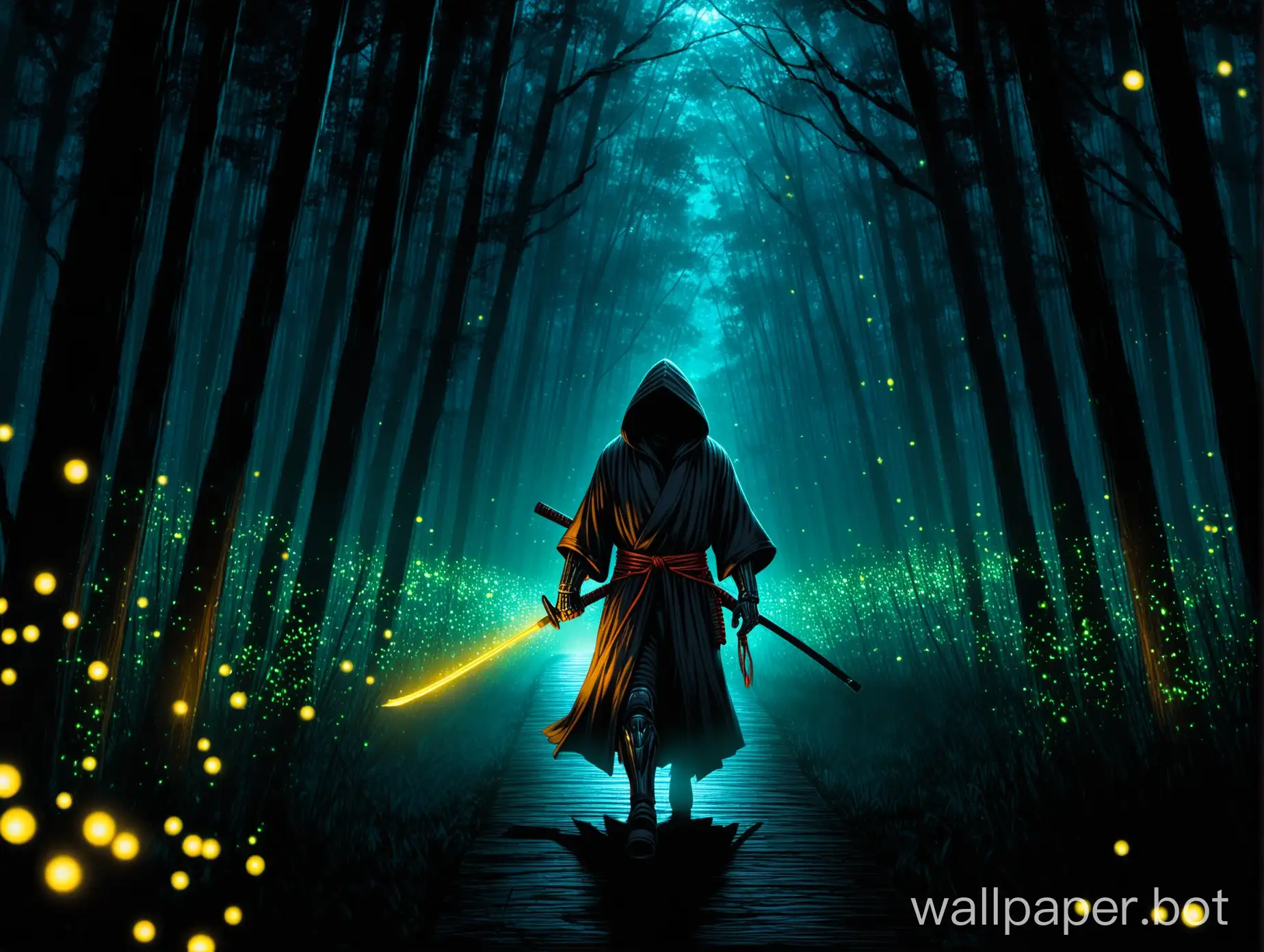 a 3D image of a hooded hero wanders the dark forest. Cloaked in a ronin style robe with intricate detail.  fireflies lighting his way down a long, dark path. Searching  for a monster with his glowing eyes through a pitch black hood. The arm he lost in battle, now a bionic one,  grasping his weapon