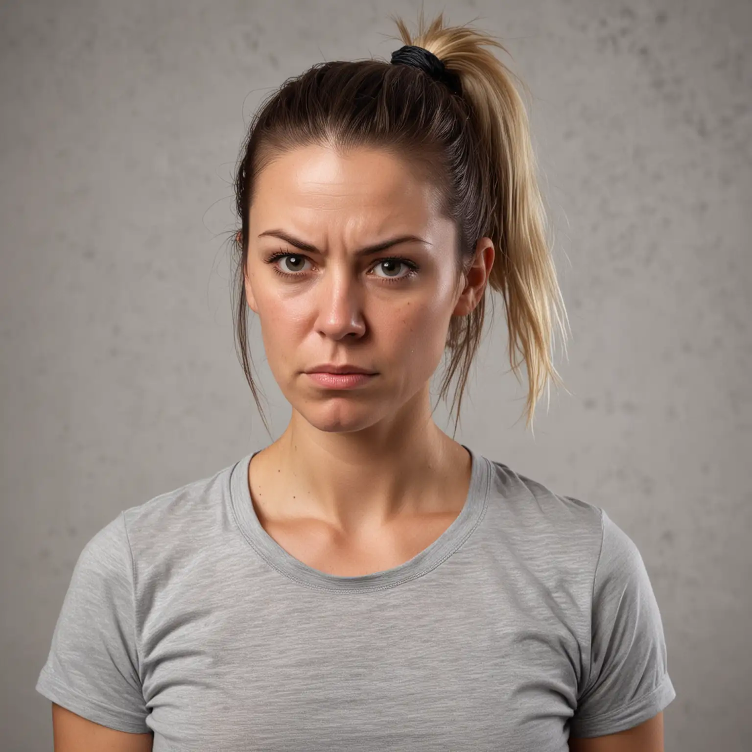 A 35 year old white American women, she has a sallow complexion, oily skin, greasy hair in a low ponytail and she looks angry and lonely. She is wearing a t-shirt