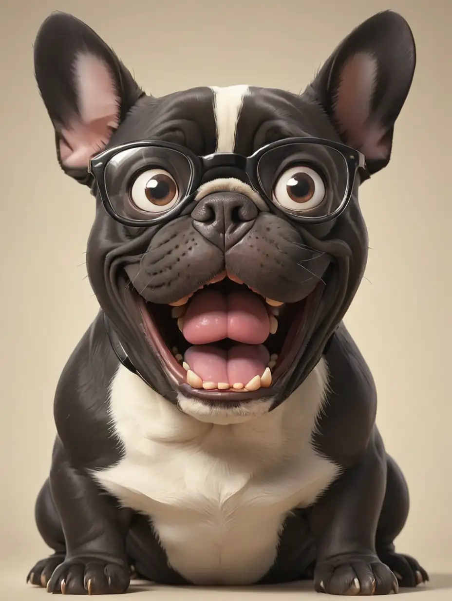 Cartoon Style French Bulldog wearing black framed glasses with big bulging eyes and big silly smile