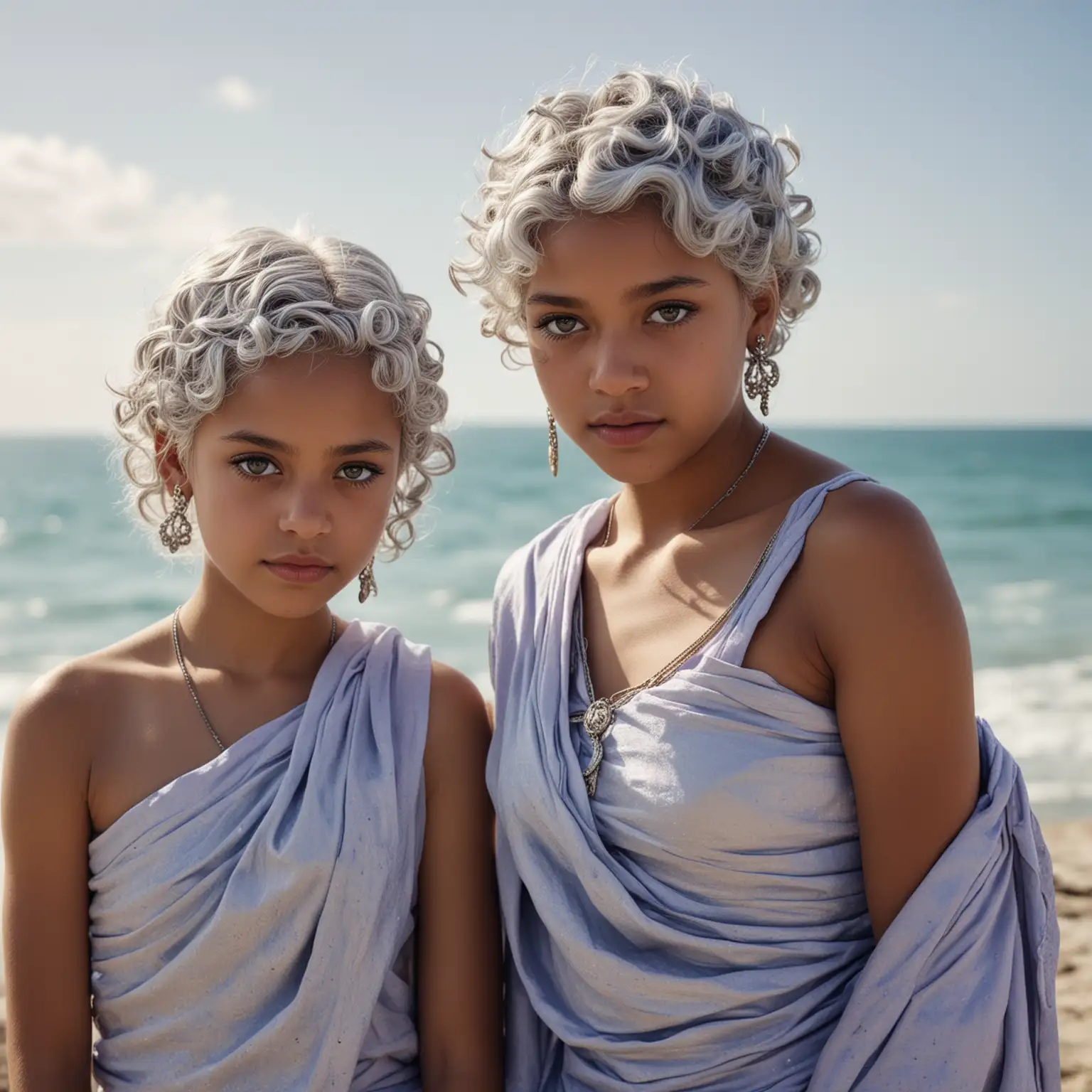 High resolution photo of two twin girls, with silver hair and dark skin. One twin has curly, thick silver hair, short and cut to her ears, and dark purple eyes, wearing a light blue toga gown and heavy jewelry. The other twin has straight white hair and light eyes, wearing a light purple toga gown and delicate jewelry. They’re standing on a patio on the sea, with a sunny background setting, medieval background, , fine art photography style, daylight, 4k