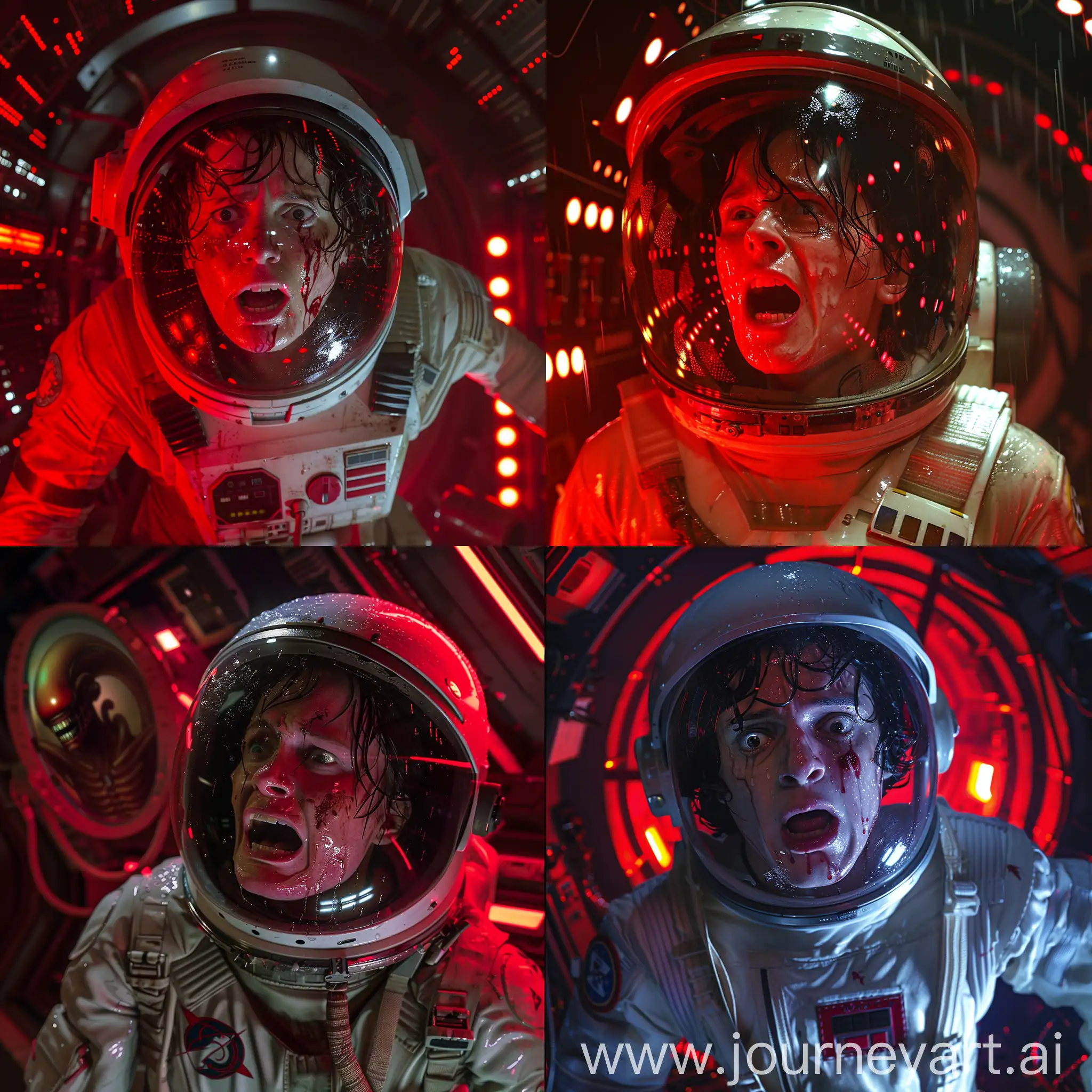 Daisy Ridley in Cinematic  scenes from New Movie of Alien of Ridley Scott, a character from the Alien films, wearing the astronaut uniform from the film Alien, in the claustrophobic, dense and dark interior of the Nostromo spaceship with red lights, with Daisy Ridley's face scared with wet hair and very sweaty, with the reflection of the Alien in front of him reflecting on the visor of his astronaut helmet, 8k resolution, cinematic image 