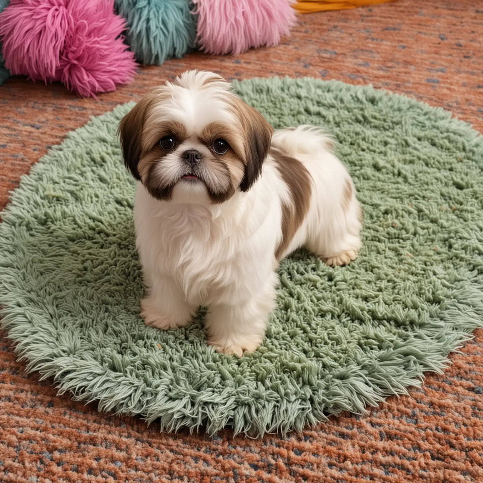 image if a cute shih tzu, make it resemble the dog in the picture as much as possible, make it semi-realistic with a colorful background  and on a shag rug like in the picture