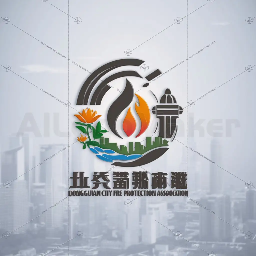 a logo design,with the text "Dongguan City Fire Protection Association", main symbol:flame, city, water lily, fire hydrant,Moderate,be used in fire prevention industry,clear background