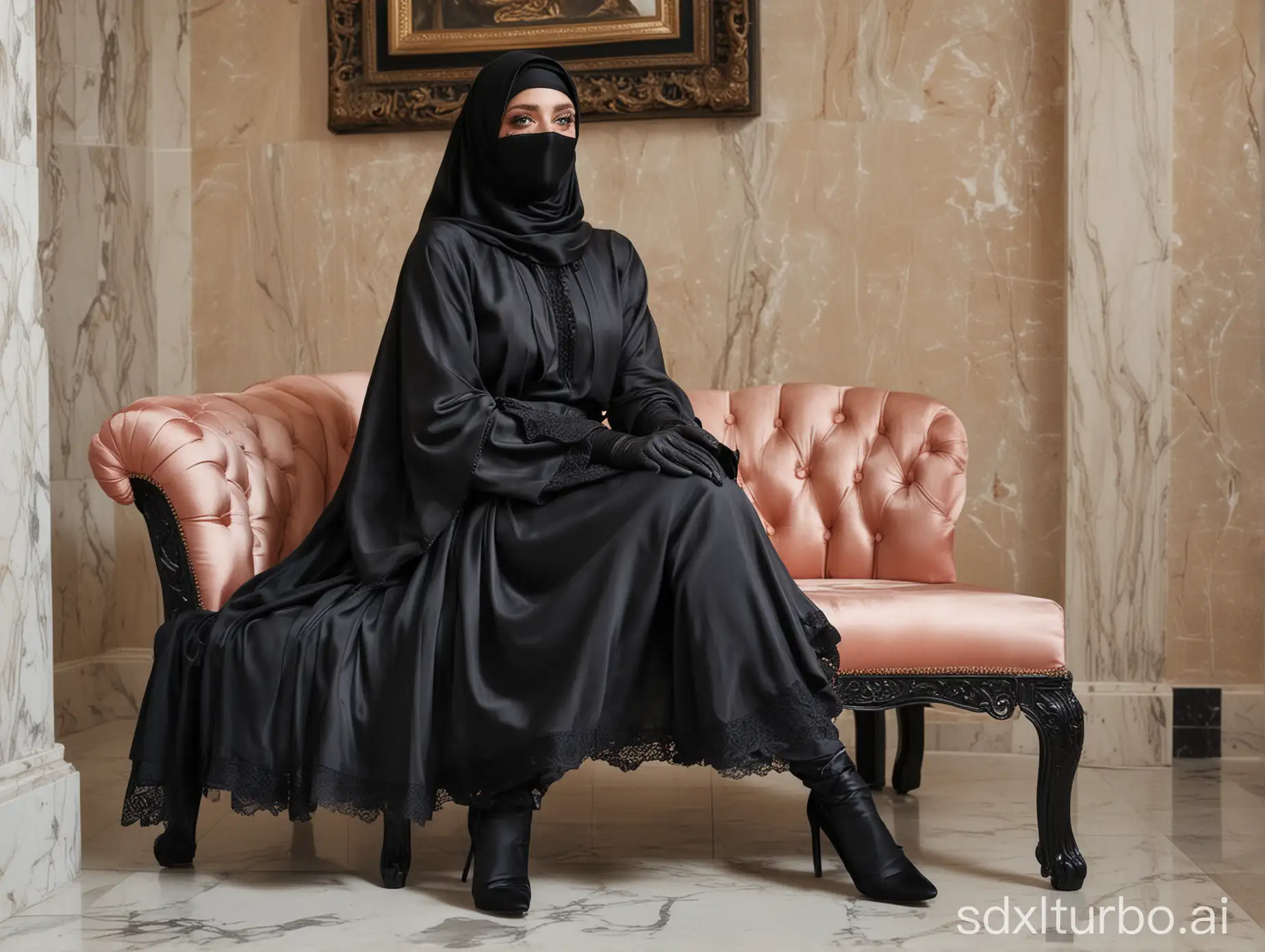 transgender BCBG man of 50 years, blue eyes made up, fully abaya satin black, , black hijab and full niqab black masked mouth, transparent veil lace on head, feet bare. Black transparent gloves. sitting with crossed legs on bench in luxury waiting room, marble wall draped red.