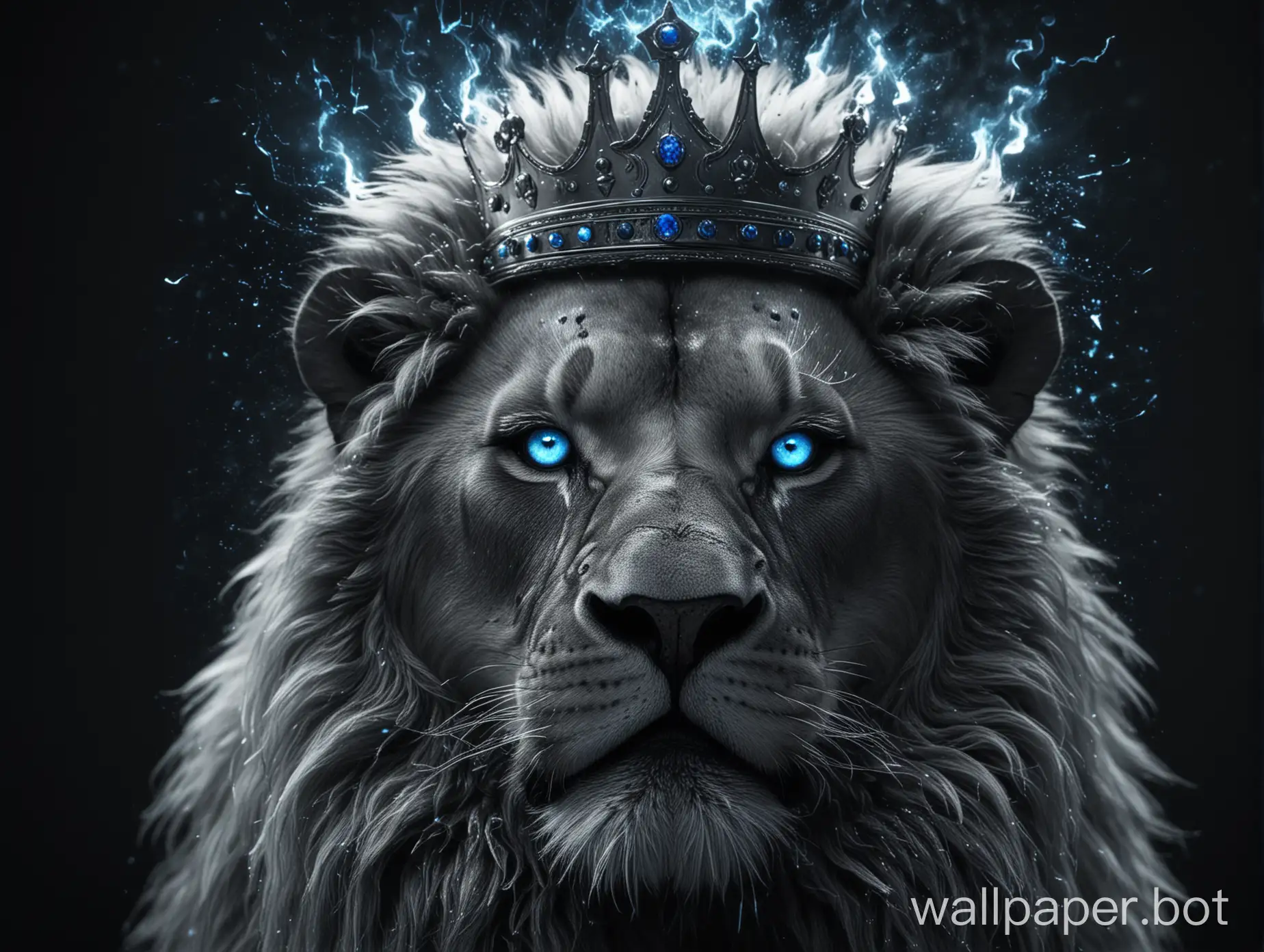 photorealistic achromatic black-and-white lion portrait, cinematic still shot, photorealistic big silver crown, epic lightining, lens aberration, neon blue fire sparks , ultra realistic fur, front view portrait, achromatic lion, king with crown on its head, strong face expression, with neon fire sparks