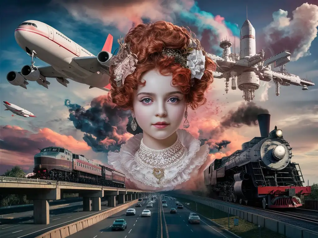 Surreal Baroque Woman with Airplanes and Steam Locomotive in Vibrant Sky