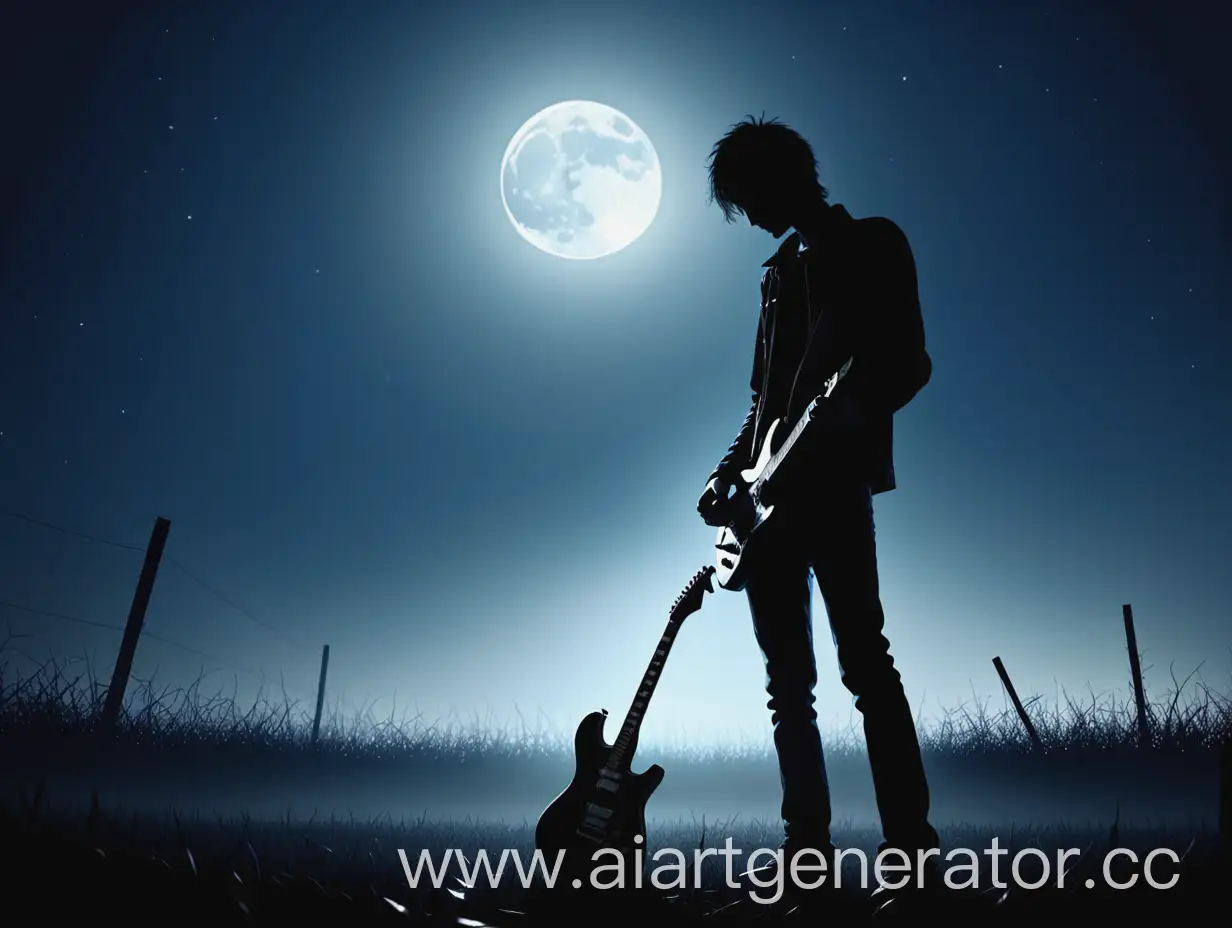 Силуэт парня с электрогитарой стоит в ночном поле грустный, яркая луна, за парнем хоррор тени

