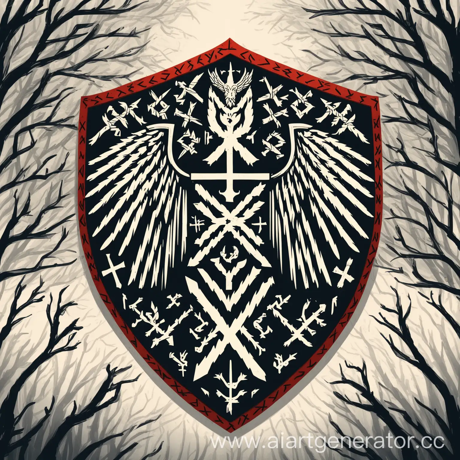 Герб славян на щите древо, крылья свободы, 
Славянские руны, стиль:минимализм