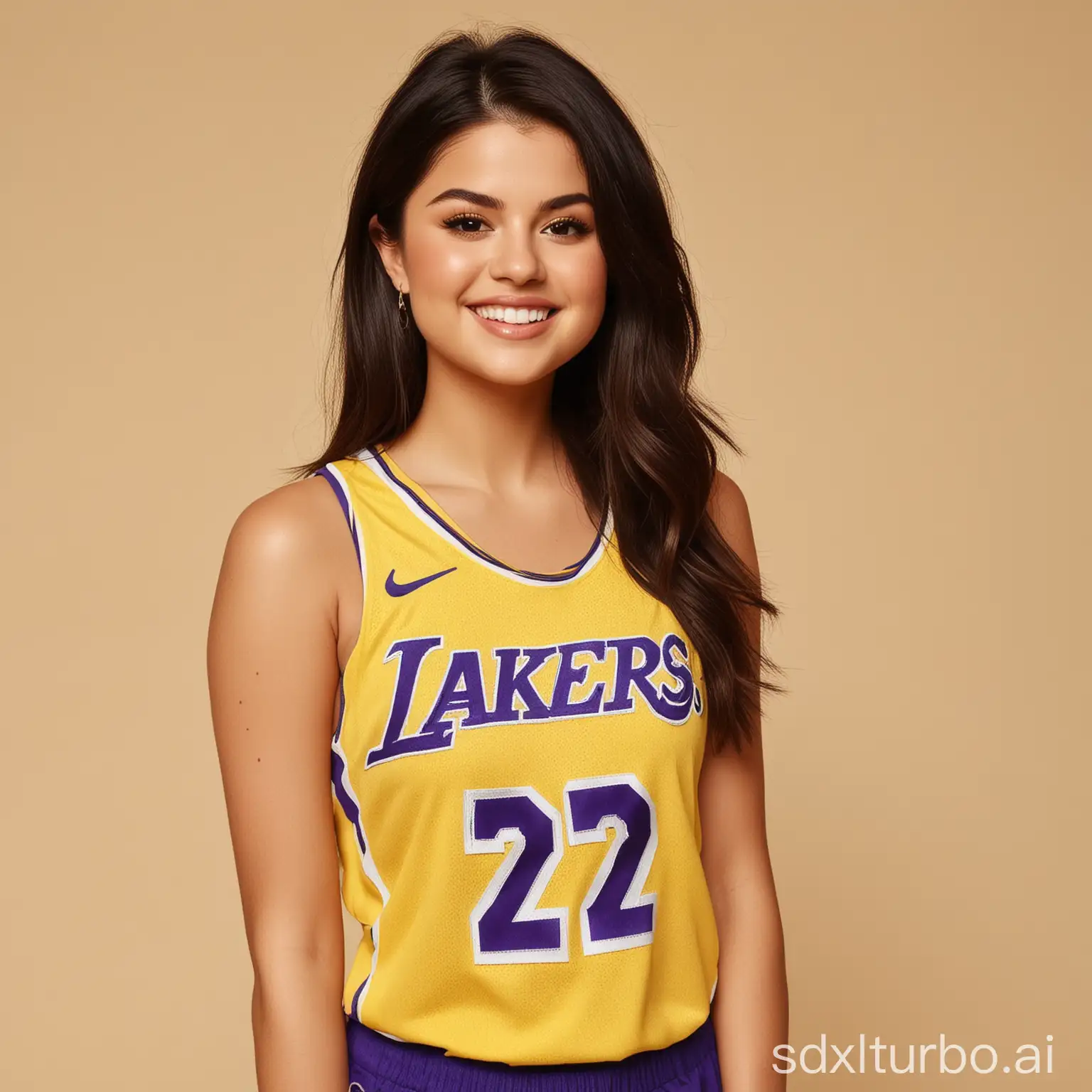 Selena Gomez smiling front yellow Lakers jersey number twelve beige background