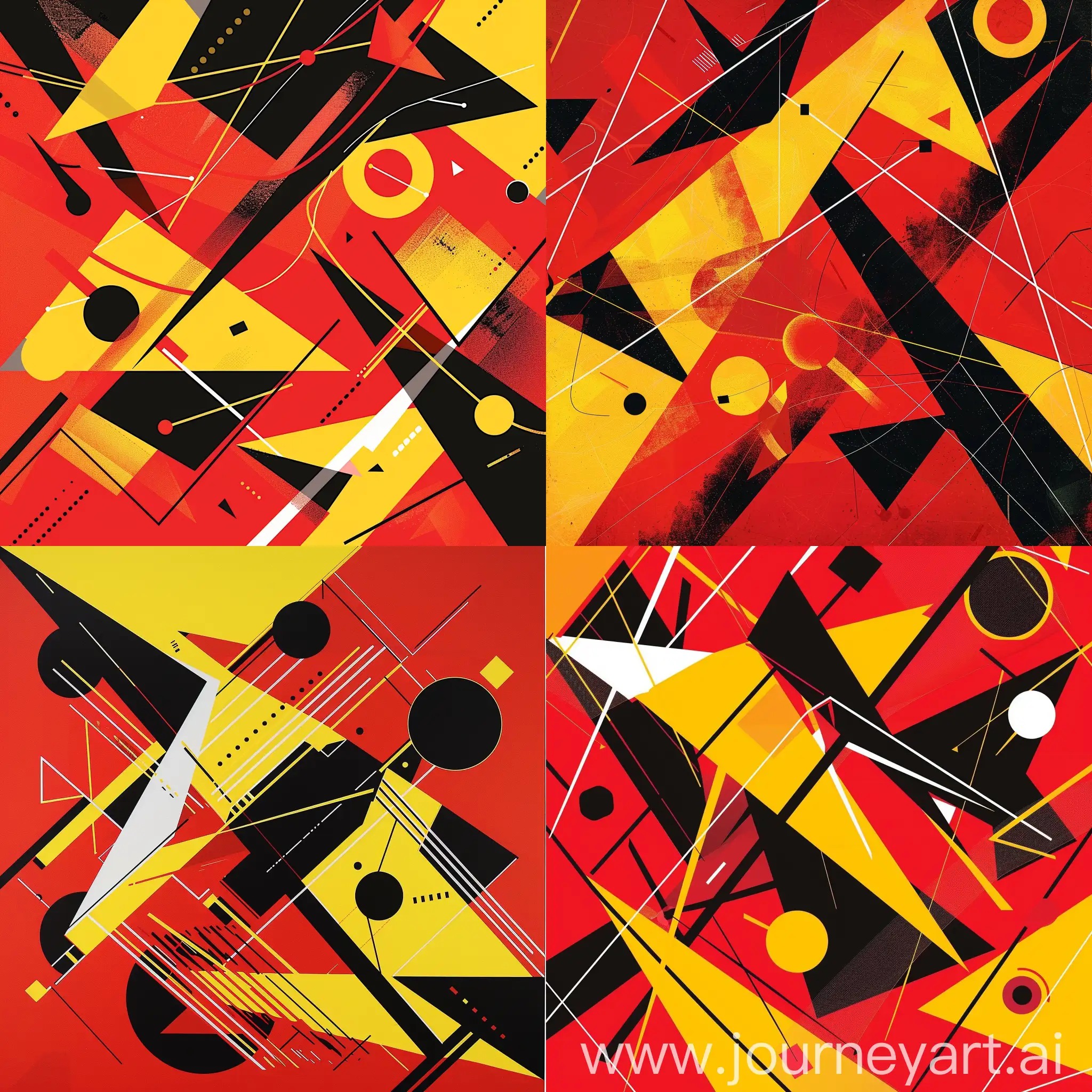 A striking abstract geometric composition with bold, contrasting shapes and colors. The image features a vibrant red background with overlapping yellow and black geometric elements, including triangles, lines, and circular shapes. The overall design has a dynamic, energetic feel, evoking a sense of movement and visual interest.